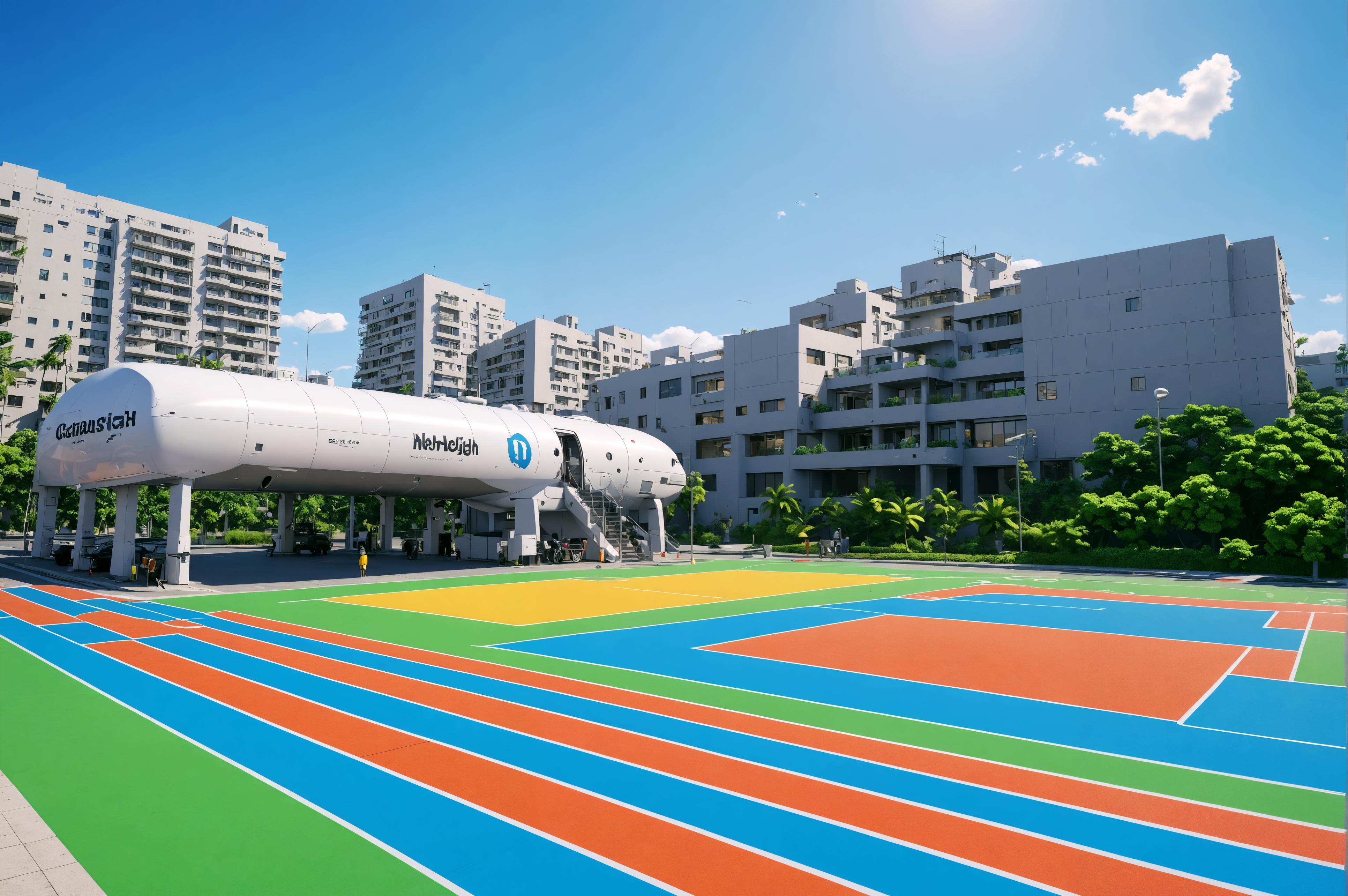 This vibrant image showcases a large, white cylindrical structure labeled "Nasa" and "Gaston" prominently displayed on a multicolored sports court, surrounded by modern buildings under a clear blue sky. The image is a result of the creative and upscaling capabilities of the 'Enhance' tool, which can enhance visual content with innovative design elements.