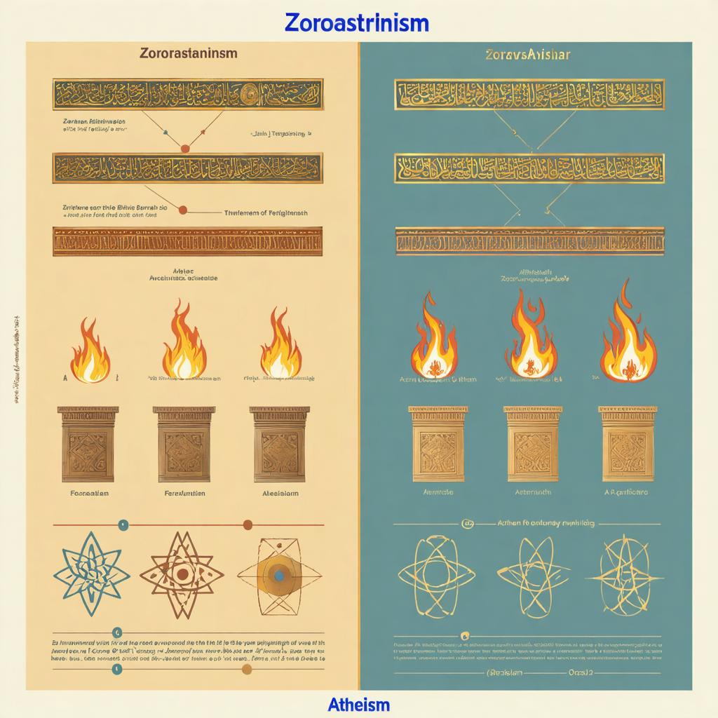 Discover the captivating world of Zoroastrianism and Atheism through this stunning AI-generated infographic, showcasing intricate calligraphy and symbolic imagery. Crafted with Stable Diffusion Ultra, this image effortlessly blends cultural elements with modern design, demonstrating the tool's ability to create visually compelling and informative content.
