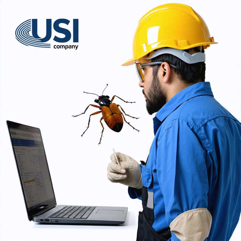 The image showcases a worker in a blue uniform and yellow hard hat, examining a large beetle with a magnifying glass, while a laptop displays data in the background. This visually compelling scene highlights the precision and detail-oriented capabilities of the Stable Diffusion Ultra image generator, which can create realistic and intricate scenarios with ease. Perfect for showcasing the tool's ability to generate detailed and engaging images for various applications.
