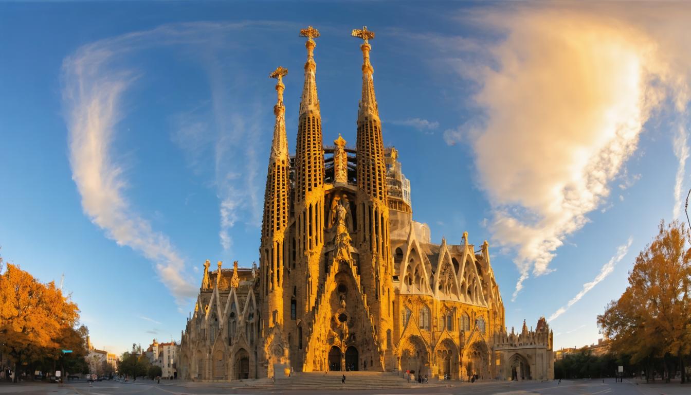 This panoramic image showcases the iconic Sagrada Familia in Barcelona, Spain, with its intricate Gothic and Art Nouveau architecture bathed in the warm glow of the setting sun. The sky above is a canvas of soft clouds, highlighting the building's grandeur and the 'Erase' tool's capability to remove distractions, allowing the viewer to focus solely on the architectural masterpiece.