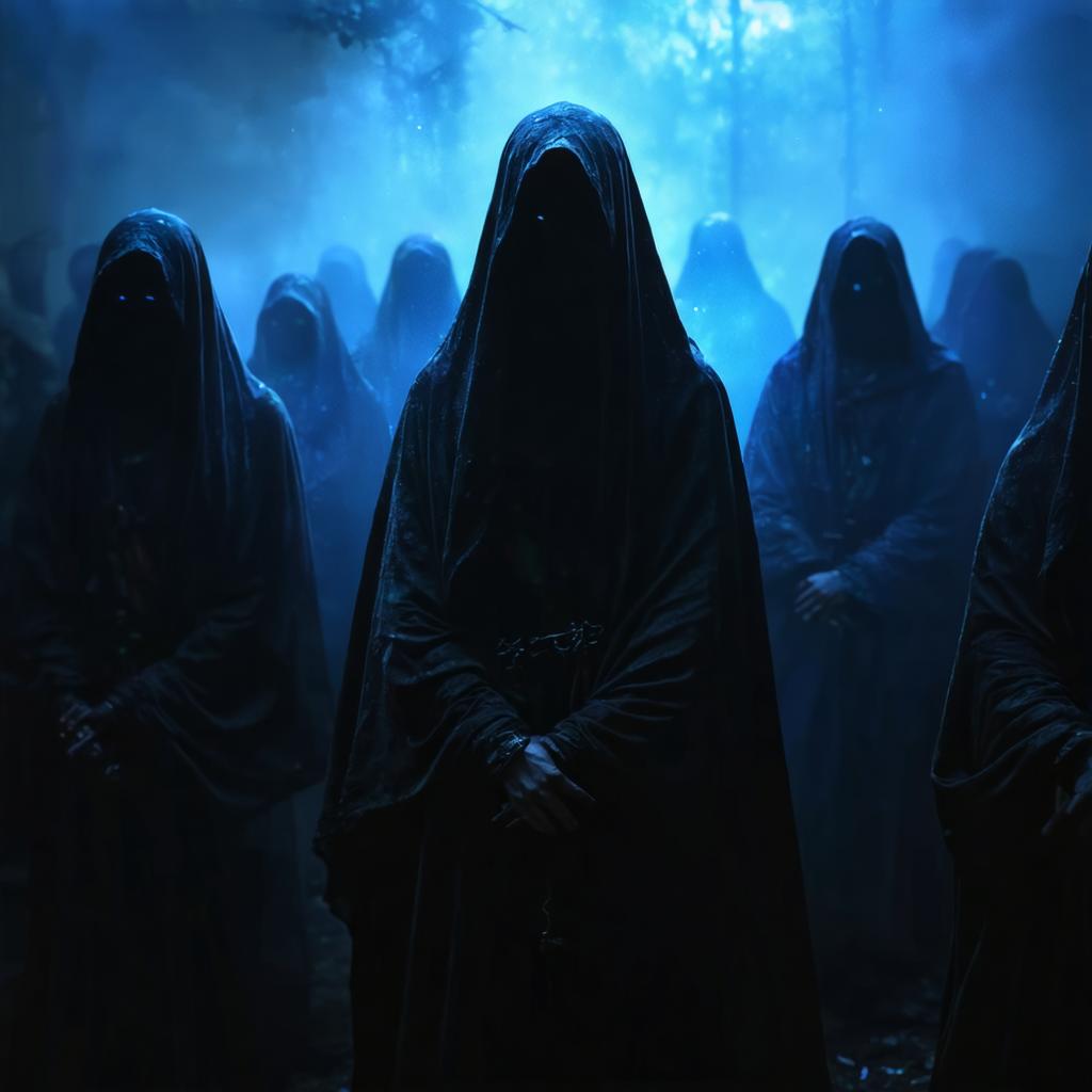 Discover the eerie and atmospheric capabilities of Stable Diffusion Ultra image generator with this hauntingly captivating scene. The image showcases a group of hooded figures shrouded in mist, their dark cloaks blending seamlessly into the blue-tinted, mysterious environment. Perfect for creating immersive and detailed visuals, this tool effortlessly brings your imagination to life.