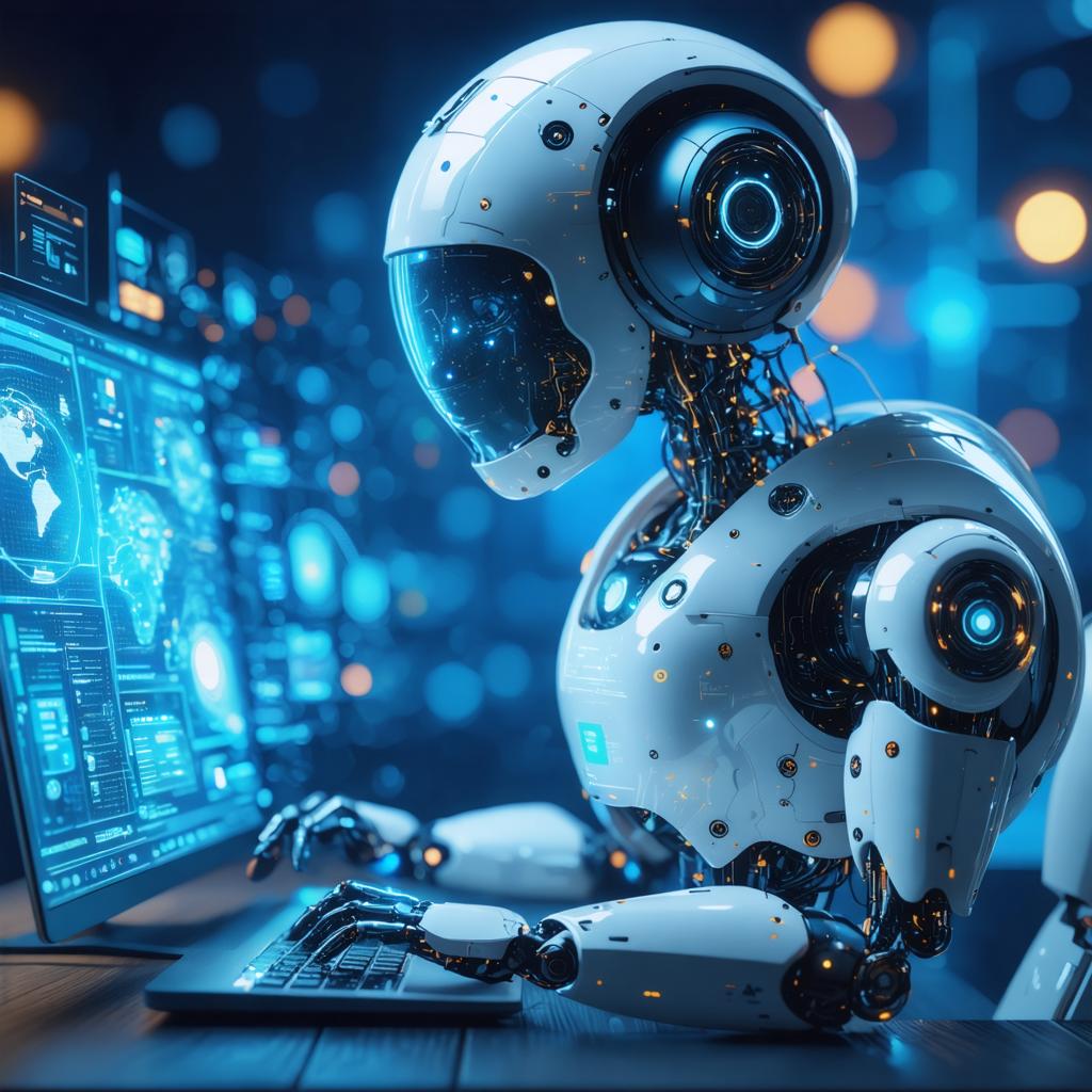 In the image, a humanoid robot with sleek white armor and glowing blue eyes is intently working on a laptop, surrounded by a futuristic digital environment. The robot's interaction with the cutting-edge technology showcases the capabilities of the 'Stable Diffusion Ultra image generator,' which can create realistic and dynamic scenes with advanced AI-assisted features.