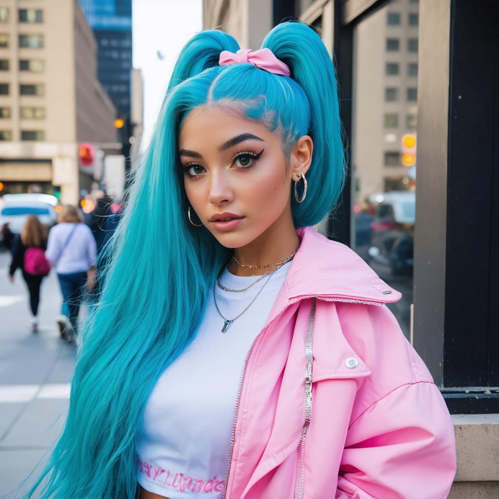 Cette image met en scène une jeune femme aux cheveux turquoise frappants coiffés en deux queues de cheval hautes avec un ruban rose, sur un fond de ville animée. Elle porte un top blanc et une veste rose vive, dégageant une allure à la fois tendance et moderne. L'image est le produit du générateur d'images 'Stable Diffusion Ultra', mettant en évidence sa capacité à créer des visuels réalistes et de haute qualité avec des couleurs vives et des textures détaillées.