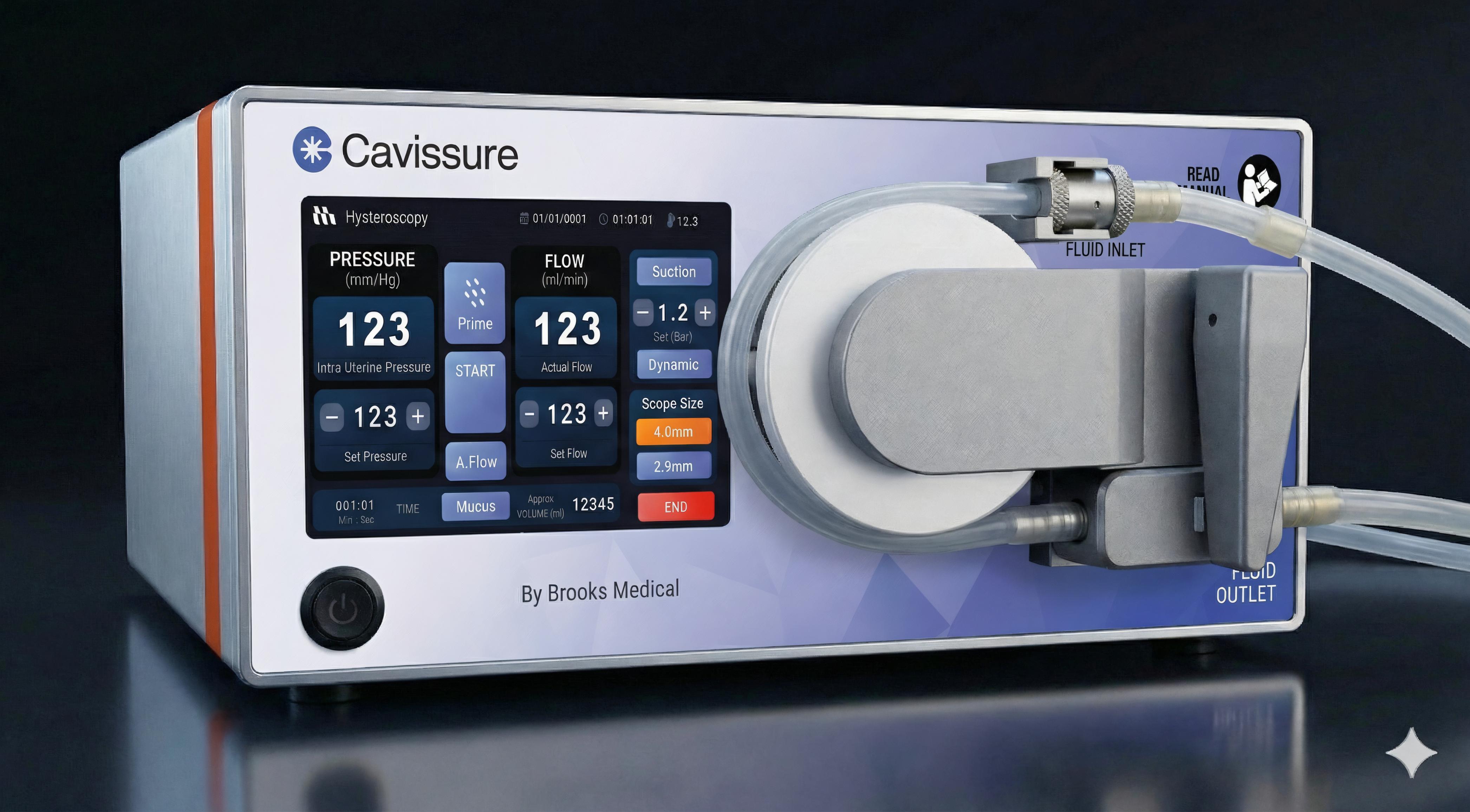 The image showcases a high-resolution, detailed view of a medical device, specifically a CaviSSure system by Brooks Medical, highlighting its sleek design and advanced features. The Upscale tool has successfully enhanced the image, maintaining the original's clarity and precision, making it ideal for showcasing intricate details and technical specifications in a professional setting.
