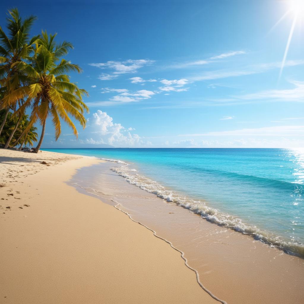 This image depicts a serene tropical beach with crystal-clear turquoise waters, white sand, and lush palm trees under a bright blue sky. The 'Inpaint' tool has been used to seamlessly integrate the scene, showcasing its ability to replace selected elements with new content, enhancing the visual appeal of the image and making it a perfect example of the application's editing capabilities.