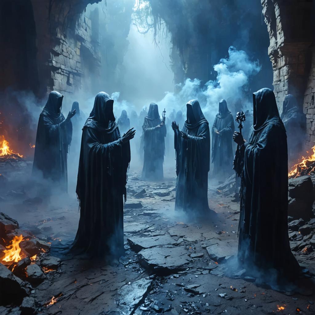 Discover the captivating power of Stable Diffusion Ultra image generator with this hauntingly atmospheric scene. The image showcases a group of hooded figures in a mystical, smoky cave, masterfully blending fantasy and realism. Perfect for showcasing the tool's ability to create detailed, immersive visuals, this image is a testament to the capabilities of Stable Diffusion Ultra in generating stunning, high-quality images.