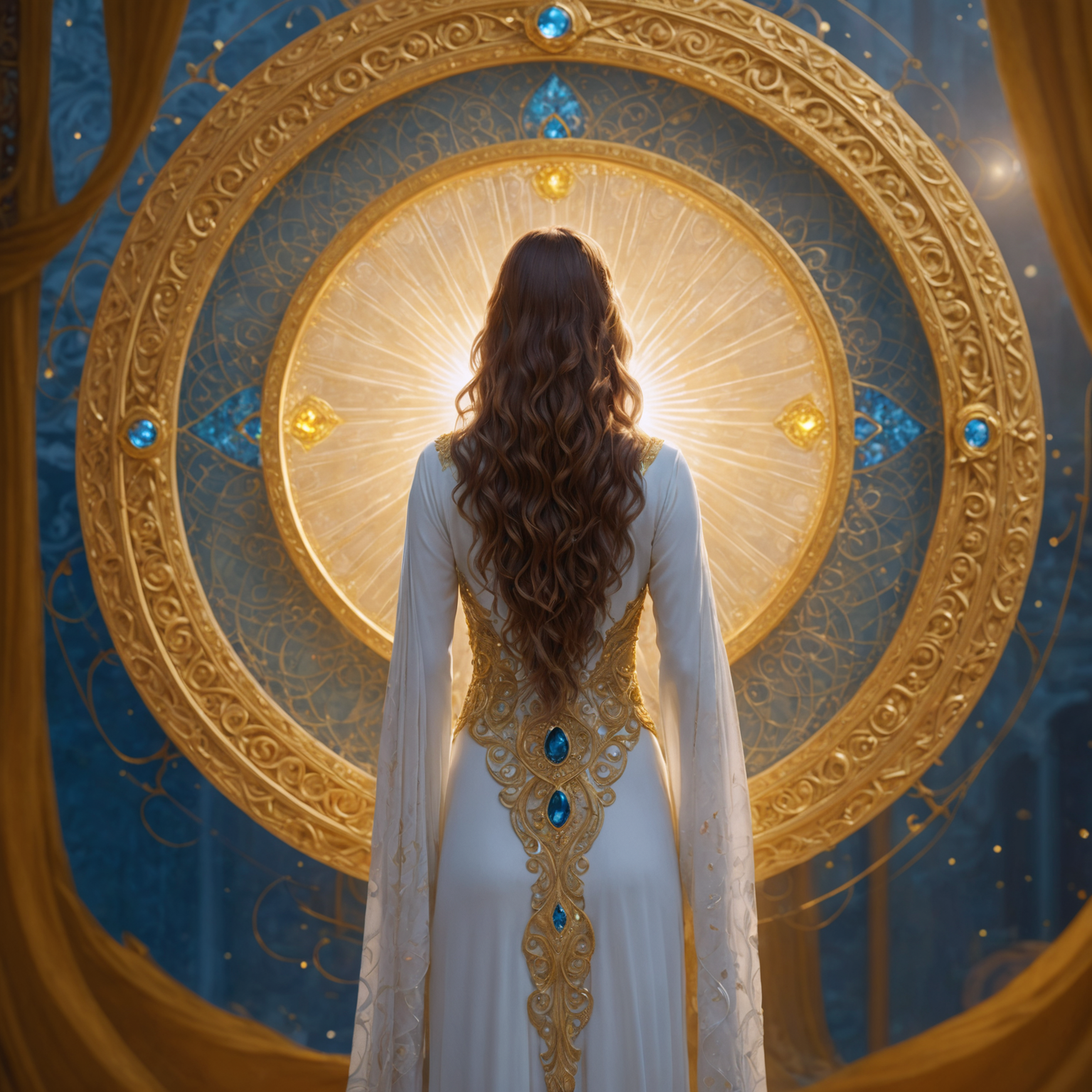 This image features a woman with long, wavy hair, dressed in an elegant white gown adorned with intricate gold embroidery and blue gemstones, standing before a grand, ornate golden portal emitting a warm, radiant light. The image has been generated using the 'Close Variation' tool, which allows for the creation of new, yet highly similar images.