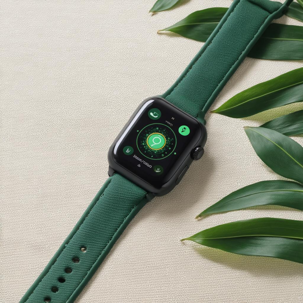 L'image présente une montre connectée avec un bracelet vert vif, posée sur une surface beige texturée entourée de feuilles vertes luxuriantes, mettant en évidence la capacité du générateur d'images Stable Diffusion Ultra à créer des scènes réalistes et visuellement attrayantes, avec un accent sur la couleur et la texture.
