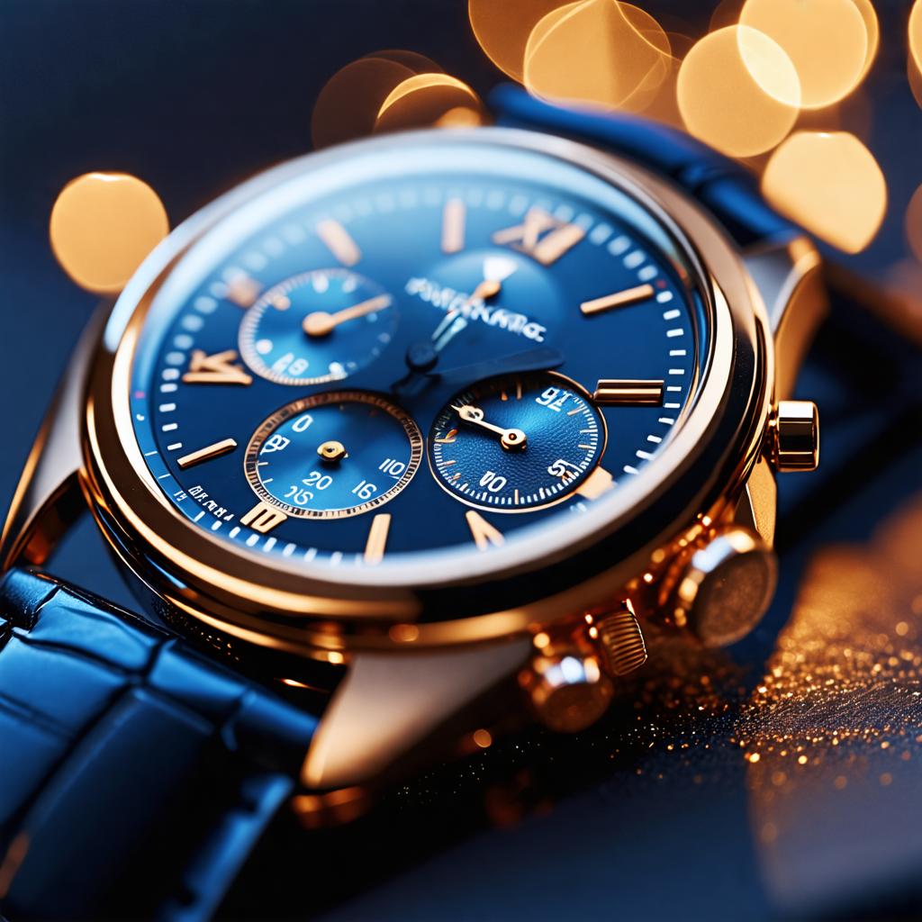 This image features a sophisticated wristwatch with a striking blue face and gold accents, exuding elegance and precision. The 'Erase' tool has been used to remove any distractions, allowing the watch to take center stage in a visually appealing manner. The watch's luxurious design and the tool's capability to enhance the visual focus are emphasized, making it an ideal choice for those seeking a high-quality, timepiece-centric image for SEO purposes.