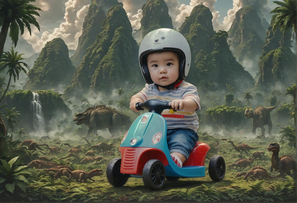 Dans cette image captivante, un enfant est vu à califourchon sur un scooter de jouet, devant un arrière-plan de jungle vibrant et fantastique, grâce à la fonction innovante « Remplacer l'arrière-plan » de Stable Assistant. Cet outil permet aux utilisateurs d'intégrer harmonieusement leurs sujets dans de nouveaux décors imaginatifs, idéal pour créer des visuels engageants et accrocheurs.