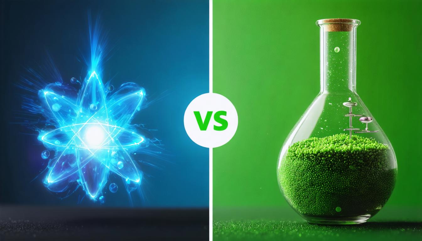 Discover the incredible capabilities of Stable Diffusion Ultra image generator with this stunning AI-generated image. The left side showcases a vibrant, glowing atom illustration, while the right side features a detailed hourglass filled with green particles, demonstrating the tool's ability to create intricate and visually appealing designs. Perfect for enhancing your digital content with cutting-edge technology.