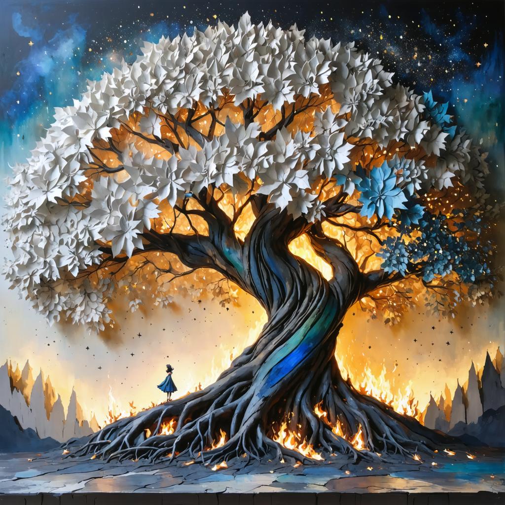 Scopri il mondo incantevole dell'arte digitale con il generatore di immagini Stable Diffusion Ultra, dove l'immaginazione non conosce limiti. Questa immagine affascinante rappresenta un albero fantastico con foglie intricate e sovrapposte, ambientato su uno sfondo mistico di fiamme e stelle, dimostrando la capacità dello strumento di creare visive mozzafiato e dettagliate. Perfetto per artisti e appassionati, Stable Diffusion Ultra porta le tue visioni creative alla vita con precisione e arte senza pari.