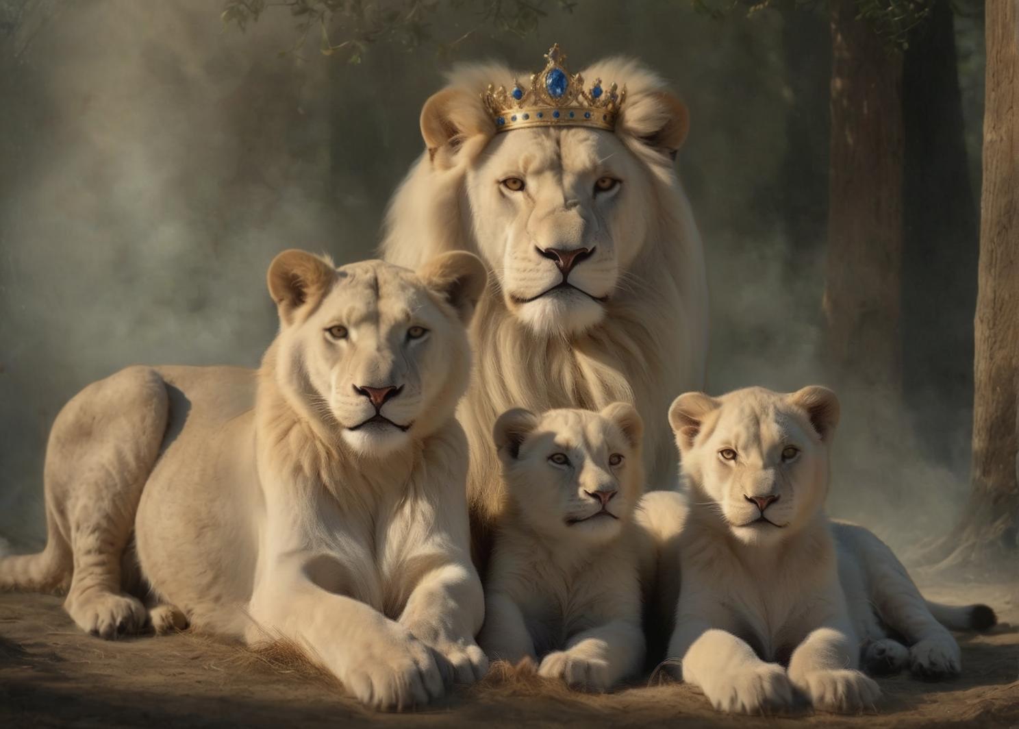 This image features a regal white lion family, with the adult lion adorned with a crown, creating a majestic scene that showcases the prowess of 'Inpaint' in generating lifelike and intricate details. The tool's ability to replace and enhance elements in an image is highlighted, making it a powerful tool for digital artists and enthusiasts alike.