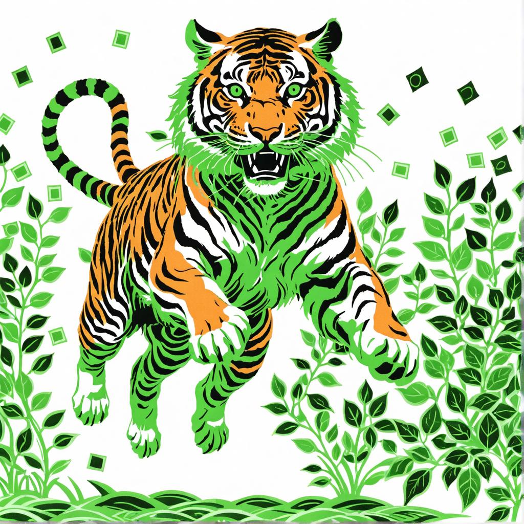 This image showcases a vibrant and dynamic illustration of a tiger in mid-leap, rendered with a striking green and orange color palette, set against a backdrop of lush green foliage. The tiger, with its fierce expression and powerful pose, seems to be captured in a moment of action, highlighting the capabilities of the 'Stable Diffusion Ultra image generator' to create lifelike and vivid images. The use of bold colors and the depiction of the tiger in motion emphasizes the tool's ability to generate dynamic and visually appealing content.