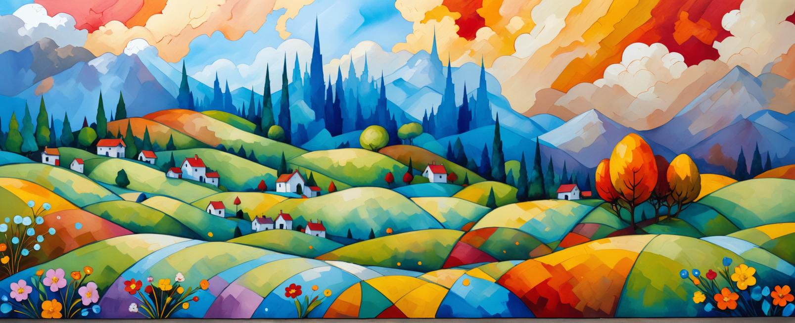 Découvrez le pouvoir transformateur de l'outil 'Appliquer un style' de Stable Assistant, qui transforme magistralement des paysages ordinaires en chefs-d'œuvre stylisés et vibrants. Cette image met en scène une scène de campagne paisible, où des collines ondulantes et des maisons pittoresques sont rendues dans une palette de couleurs éclatantes, soulignant la capacité de l'outil à apporter une touche artistique à toute photographie.