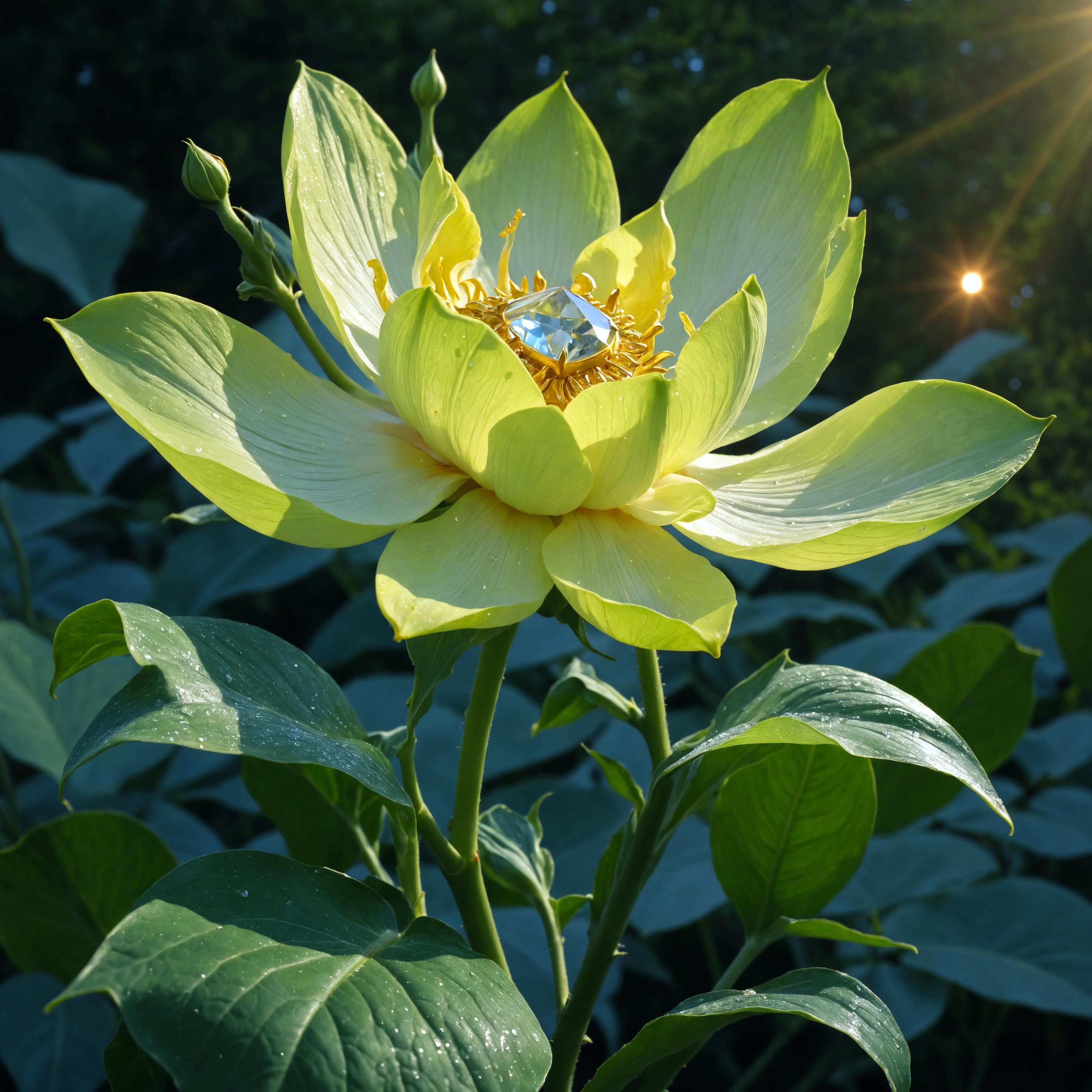Découvrez la beauté éblouissante de la nature avec cette fleur de lotus vibrante, rehaussée de couleurs vives et de détails complexes. L'outil 'Améliorer' met en valeur l'élégance naturelle de la fleur, mettant en scène ses feuilles vertes luxuriantes et ses pétales jaunes radieux, idéal pour capturer l'essence de la beauté sereine dans votre art numérique.