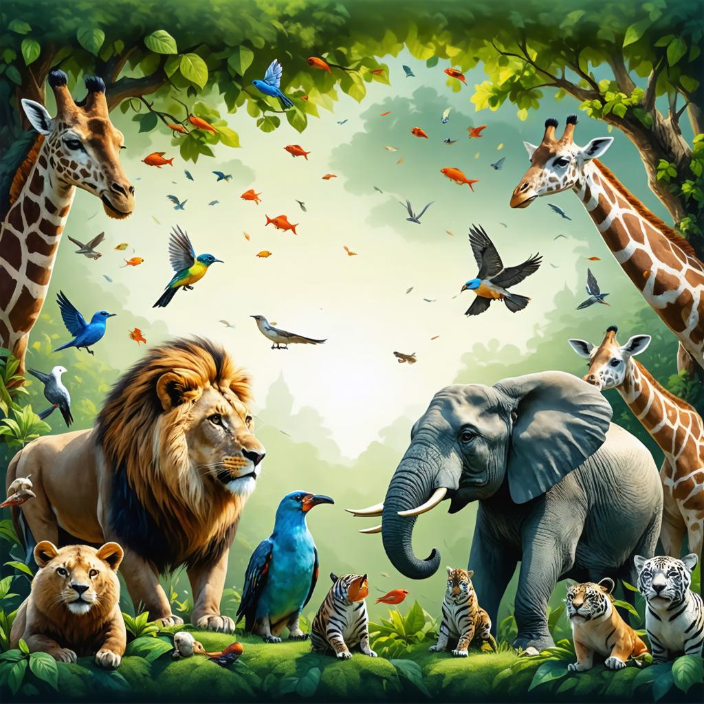 Discover the breathtaking artistry of Stable Diffusion Ultra image generator, as seen in this stunning illustration of a vibrant savannah scene featuring majestic animals like lions, elephants, and giraffes, surrounded by colorful birds and lush greenery. Experience the unparalleled creativity and detail-driven capabilities of Stable Diffusion Ultra, perfect for generating captivating and realistic digital art.