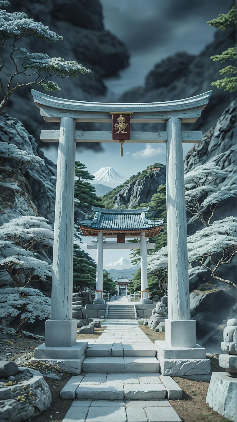 Experience the serene beauty of a traditional Japanese shrine with the 'Stable Diffusion Ultra image generator,' a cutting-edge AI tool that brings landscapes to life. Immerse yourself in the tranquil scene of a snowy mountain shrine, complete with a stone torii gate, cherry blossom trees, and a majestic view of Mount Fuji in the distance. This image showcases the generator's ability to create realistic and visually stunning scenes, perfect for digital art, graphic design, or simply to appreciate the beauty of nature.