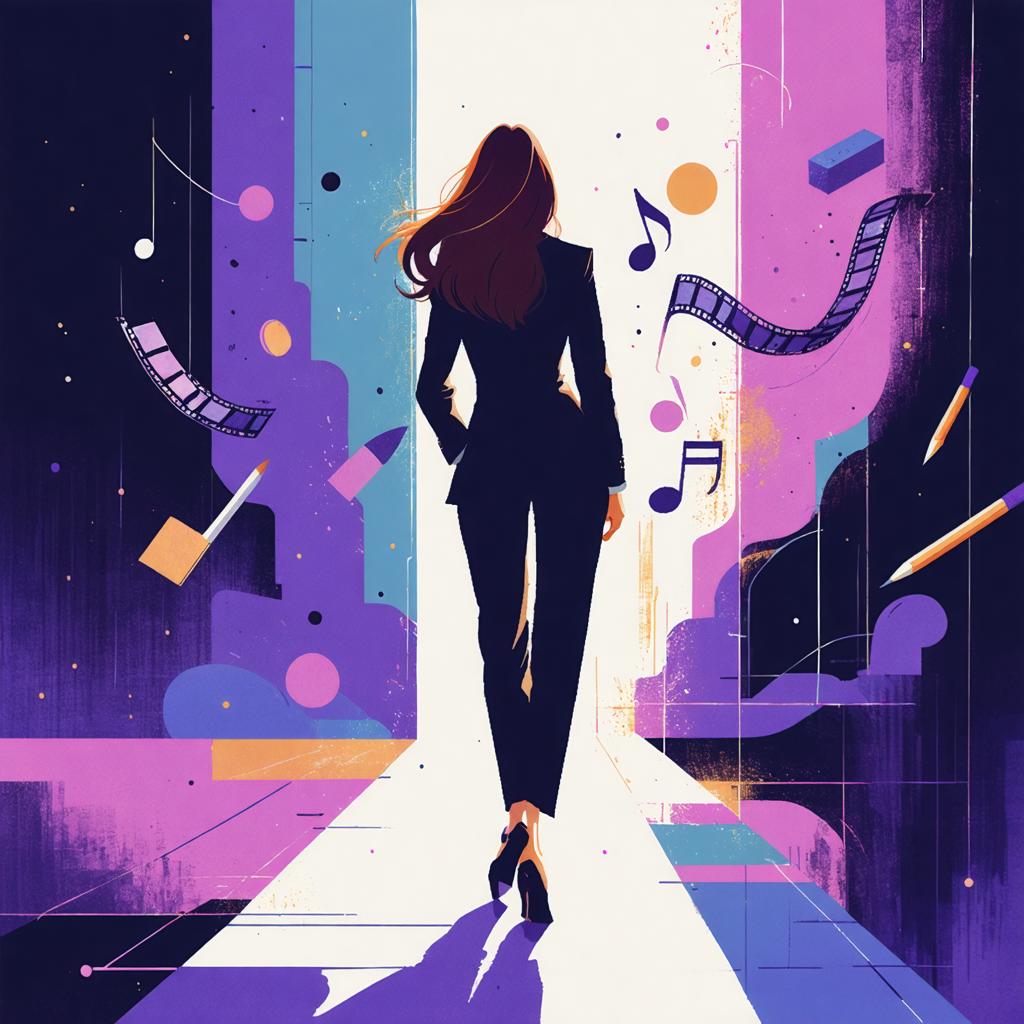 Scopri il mondo affascinante dell'arte generata da AI con Stable Diffusion Ultra! Questa illustrazione spettacolare ritrae una donna sicura di sé in un elegante completo nero, che cammina lungo un percorso vivace e astratto pieno di note musicali e forme geometriche. Perfetto per evidenziare la capacità dello strumento di creare immagini dinamiche e visivamente impattanti con pochi clic. #StableDiffusionUltra #AIArt #CreativeVisuals