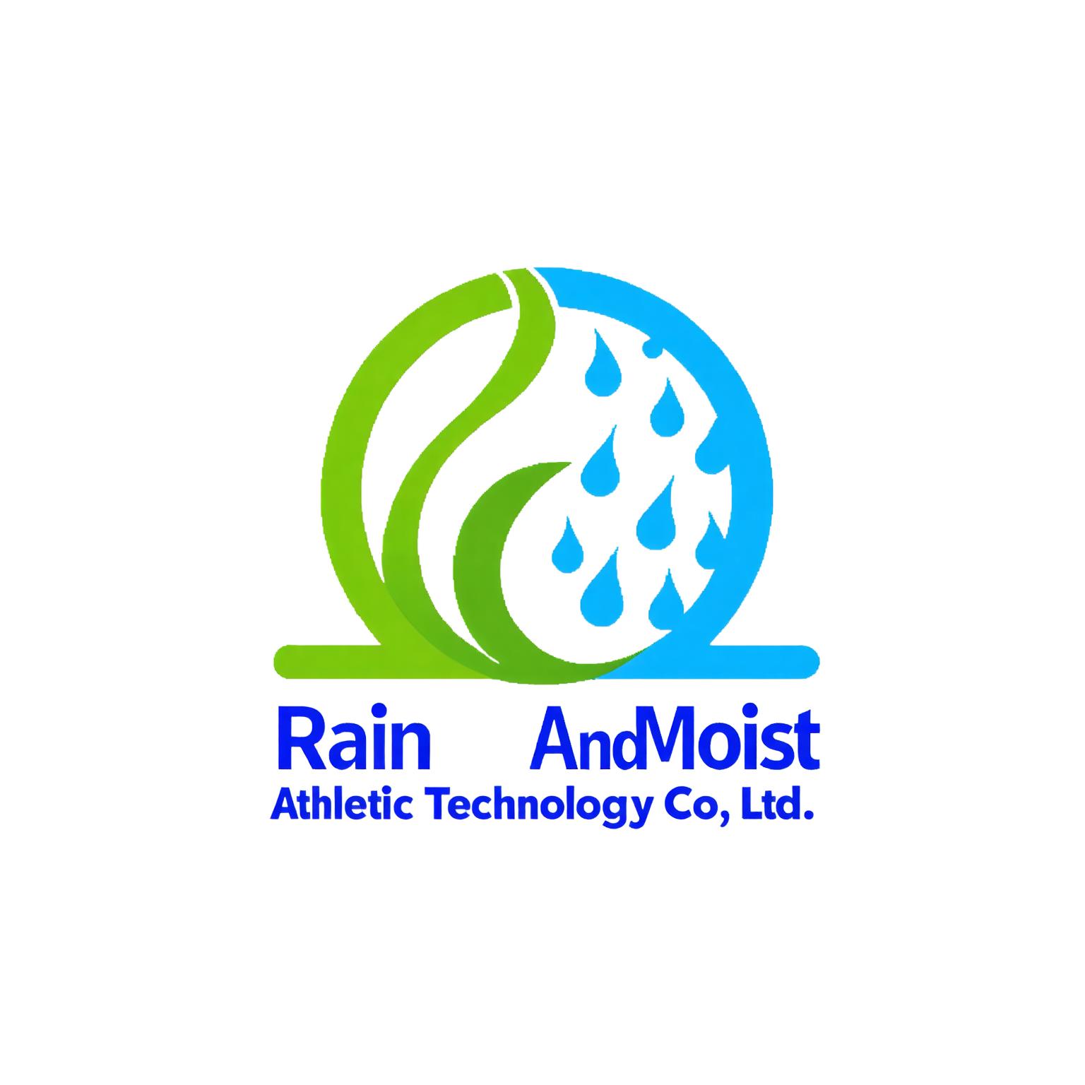 Questa immagine presenta il logo di "Rain AndMoist Athletic Technology Co., Ltd." Il logo è composto da un grafico stilizzato verde e blu che ricorda una pianta o una foglia, con gocce d'acqua che ne cadono, simboleggiando umidità o pioggia. Il testo è in un carattere grassetto sans-serif, che enfatizza il nome della società. Il grafico è progettato per essere pulito e moderno, adatto alla branding di tecnologia sportiva.