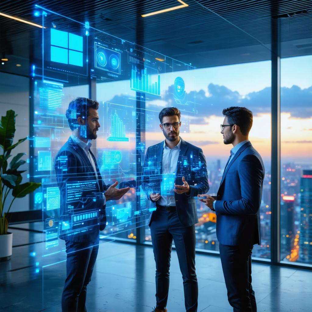 Experience the cutting-edge capabilities of Stable Diffusion Ultra image generator with this stunning AI-generated image. Three business professionals engage in a futuristic discussion, surrounded by a holographic interface of data and analytics, showcasing the tool's ability to create detailed, high-quality visuals that seamlessly blend realism with advanced technology. Perfect for highlighting the tool's precision and creativity in generating professional-grade images.