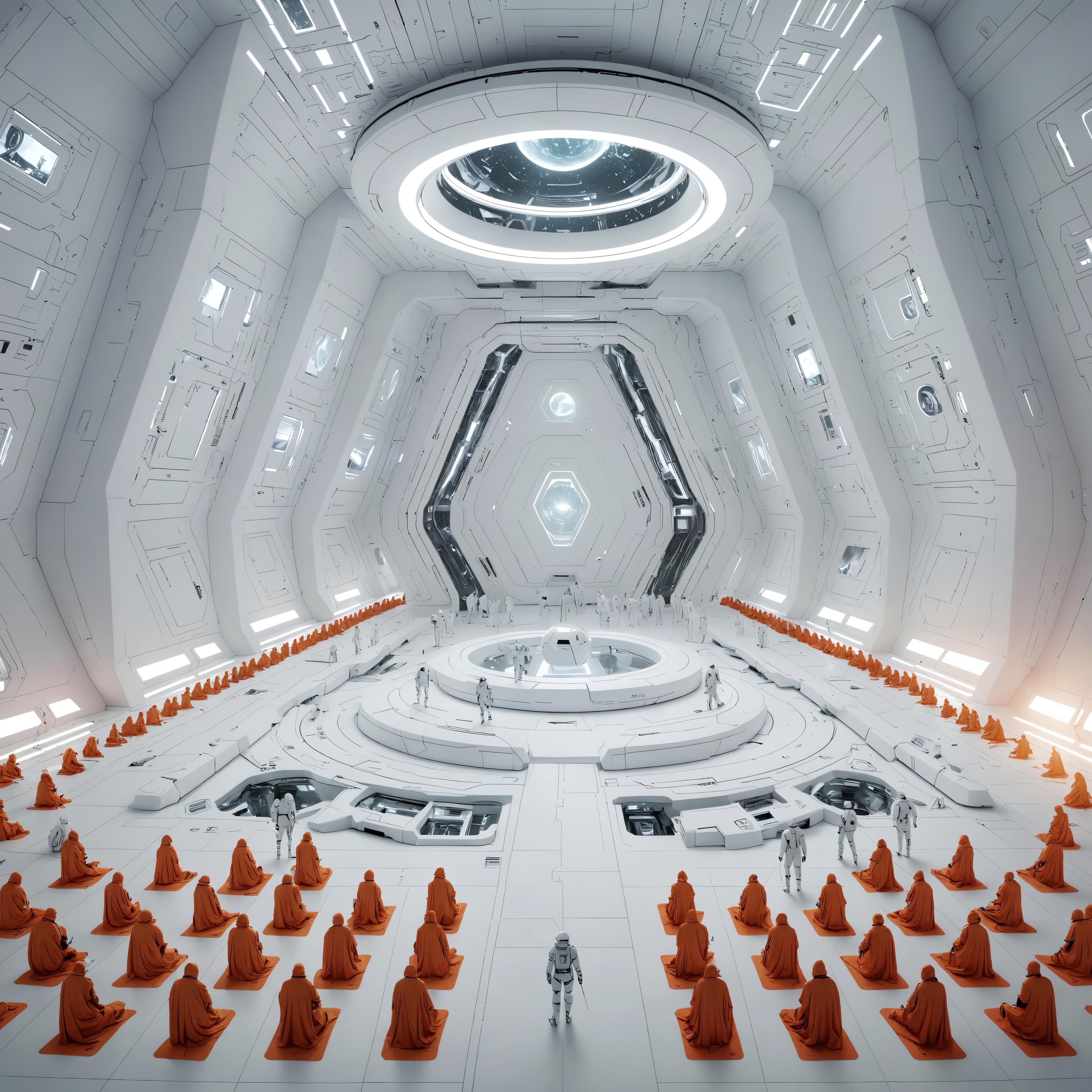 This image showcases the futuristic interior of a spaceship, featuring a sleek white design with hexagonal patterns and circular windows, where orange-robed figures are seated in orderly rows. The central focus is a robot-like figure standing amidst the seated individuals, evoking a sense of harmony between technology and tradition. The 'Upscale' tool has enhanced the image's clarity and detail, emphasizing the interplay of light and shadow within the spacious, high-tech environment.