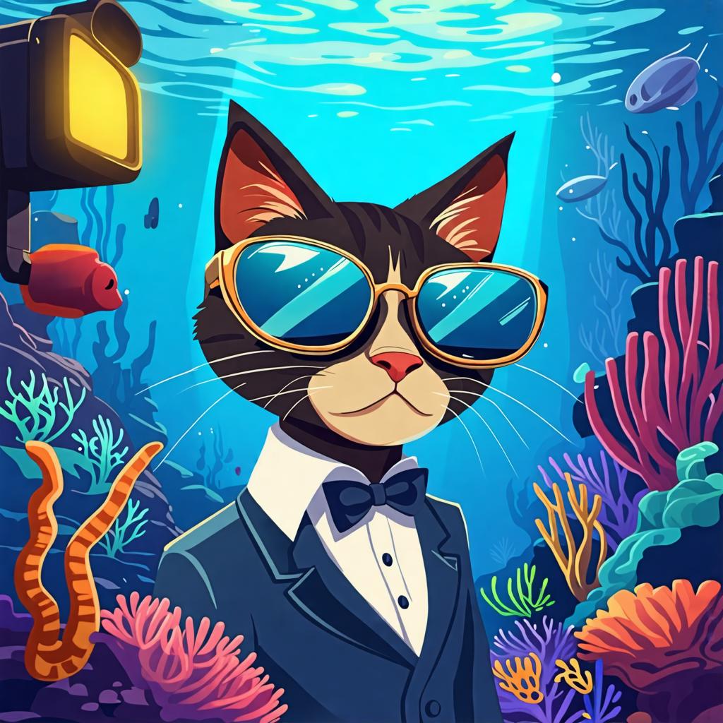 In this vibrant underwater scene, a stylish cat dons aviator sunglasses and a formal suit, exuding an air of sophistication. Surrounded by a variety of colorful coral and sea creatures, the feline appears to be on an underwater adventure, illuminated by a searchlight that adds a touch of mystery. This imaginative image showcases the creative potential of the 'Stable Diffusion Ultra image generator,' which allows users to bring their unique visions to life with ease.