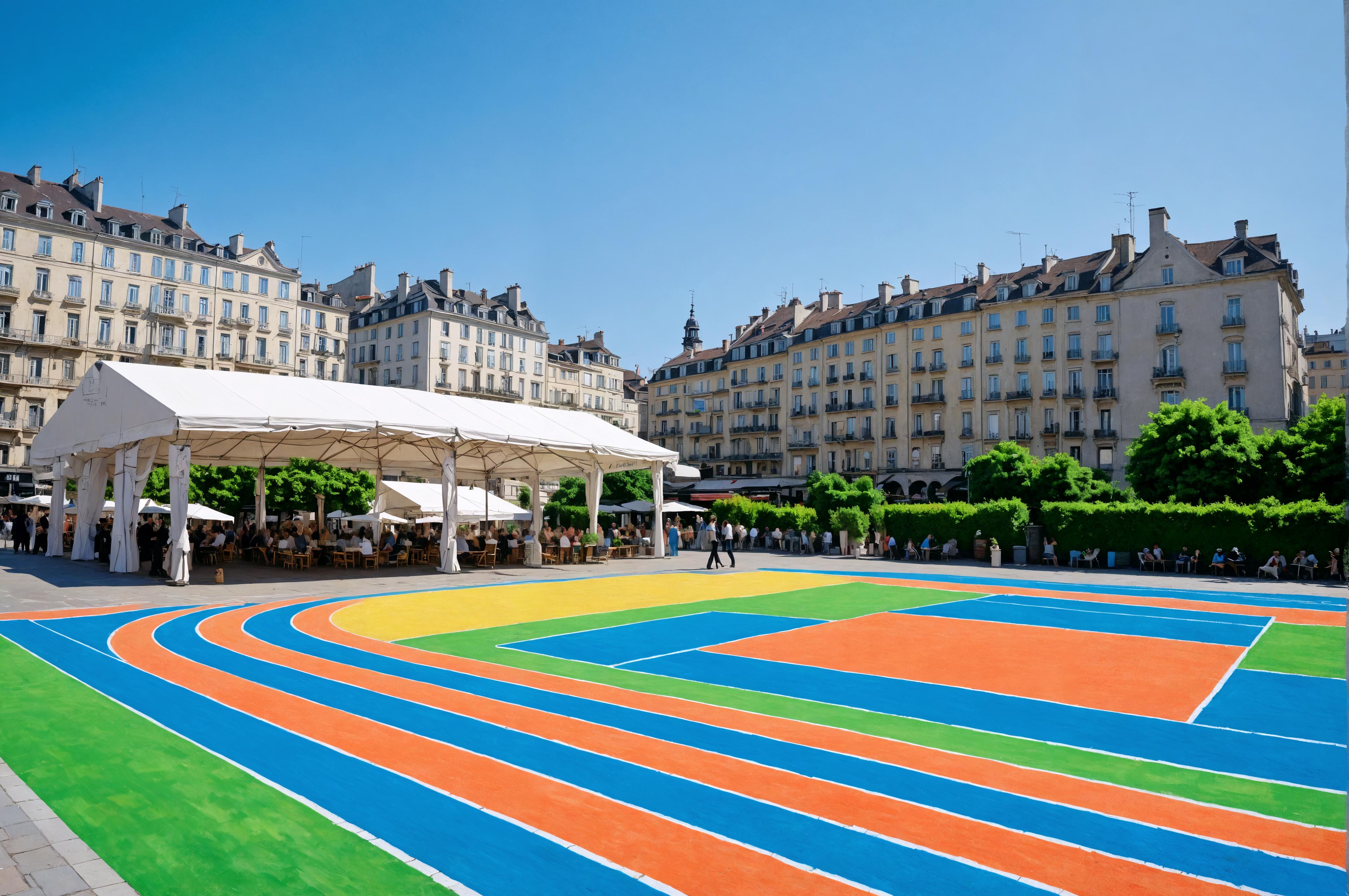 This vibrant image captures a colorful urban park, featuring a large, multi-colored sports court with a white tent setup for an event, surrounded by elegant, historic buildings under a clear blue sky. The 'Enhance' tool has brought out the vivid colors and details, making the scene look lively and inviting.