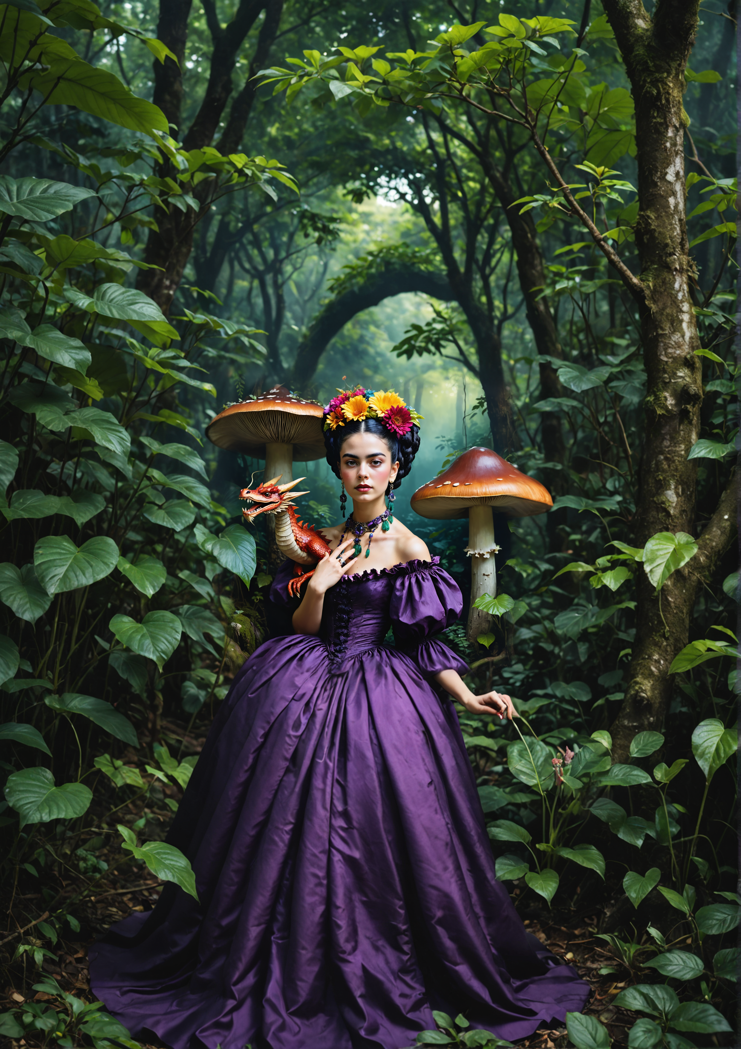 Discover the enchanting world of fantasy with this captivating image, where a regal figure in a violet gown stands amidst a mystical forest, surrounded by oversized mushrooms and vibrant flora. The 'Zoom out' tool effortlessly extends the scene, seamlessly blending the subject with the lush, dreamlike environment, showcasing its ability to create immersive and expansive visuals.