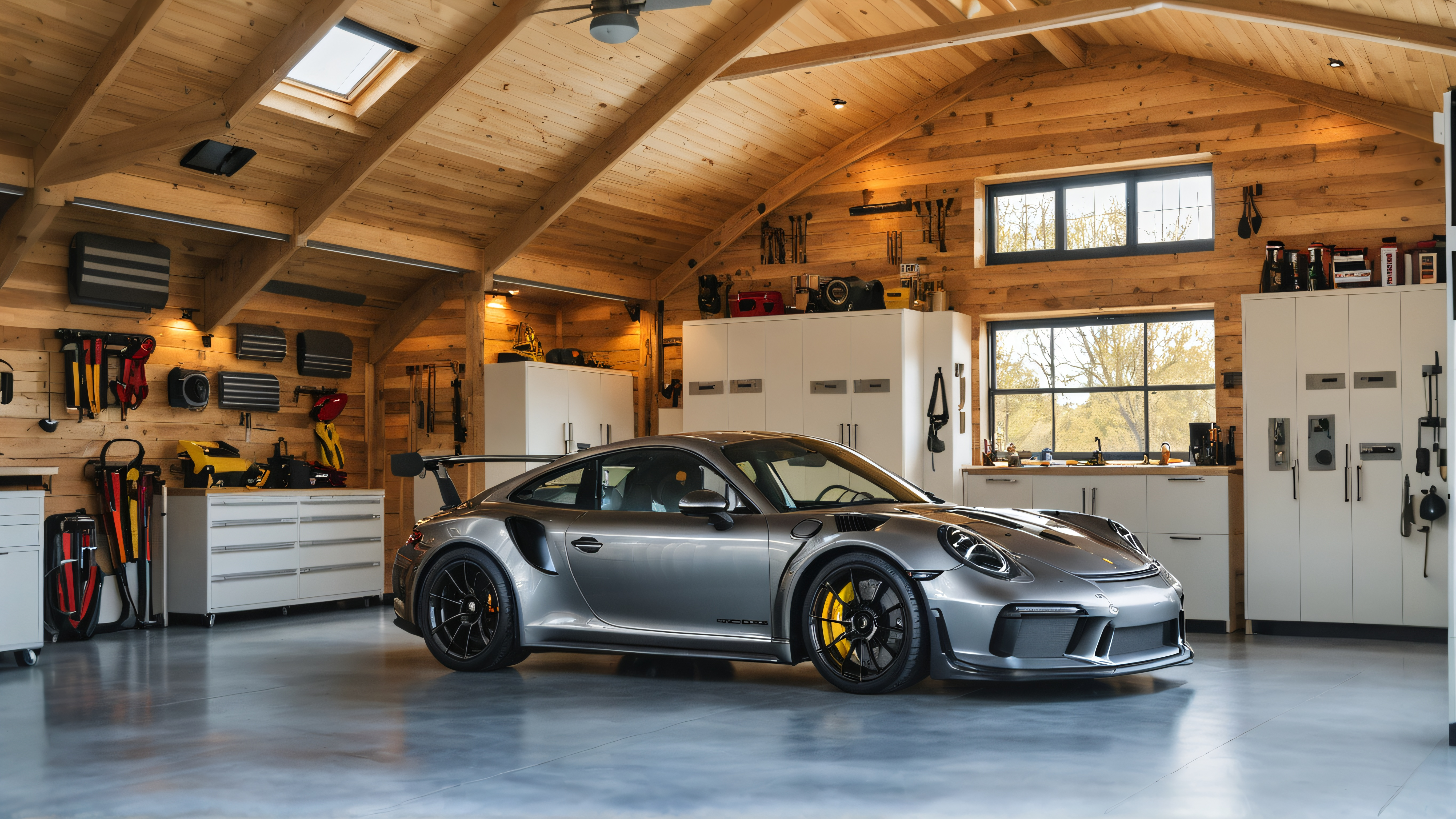 Discover the stunning transformation of this garage with the Upscale tool, seamlessly blending modern luxury with a touch of rustic charm. The image showcases a sleek, high-performance sports car parked amidst a beautifully organized, well-lit space, highlighting the perfect blend of functionality and style.