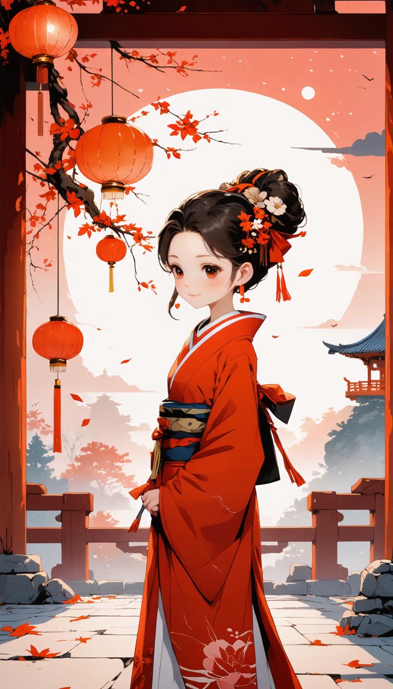 Questa immagine presenta una donna in stile anime bellamente resa, vestita con abiti tradizionali giapponesi, in piedi in mezzo a una scena serena di lanterne rosse appese, foglie autunnali cadenti e una luna piena tranquilla. L'opera d'arte è il risultato del 'generatore di immagini Stable Diffusion Ultra', che dimostra la sua capacità di creare visivi vividi, dettagliati e culturalmente ricchi con facilità.