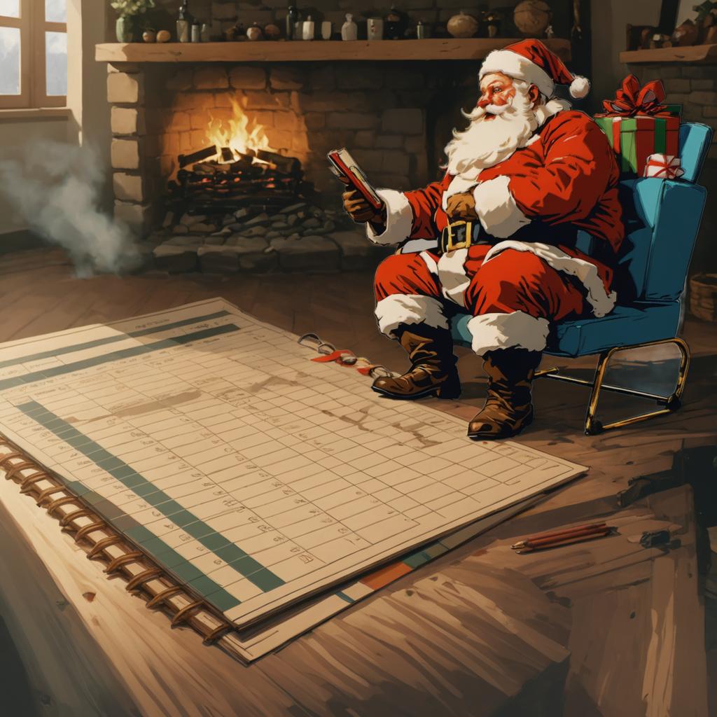 Dans cette image captivante, le Père Noël est absorbé par un grand tableur, avec une cheminée chaude et des cadeaux emballés en arrière-plan, tout cela amélioré par la fonction « Remplacer l'arrière-plan » de Stable Assistant, qui intègre harmonieusement le Père Noël dans ce cadre chaleureux, offrant un aperçu de la planification minutieuse de la saison des fêtes.