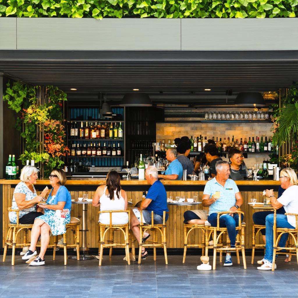 This image captures a lively scene at an outdoor café, where patrons are engaged in conversation over drinks, surrounded by lush greenery and a rustic wooden bar. The ambiance is enhanced by the use of natural materials and the inviting arrangement of the seating area. This visual depiction is brought to life by the 'Stable Diffusion Ultra image generator,' which showcases its ability to create realistic and engaging environments that transport viewers to the heart of the scene.