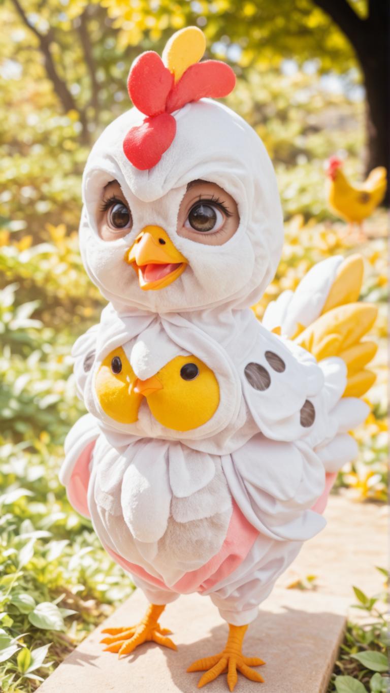 Cette image pleine d'humour met en scène un costume de poulet charmant, doté d'un corps blanc et rose, d'un bec jaune et d'une crête rouge, sur fond de verdure luxuriante. Le style ludique et réaliste du costume est le résultat de l'outil 'Nouvelle Image avec le Même Style' de Stable Assistant, qui permet aux utilisateurs de créer des visuels engageants en imitant le style d'images existantes.