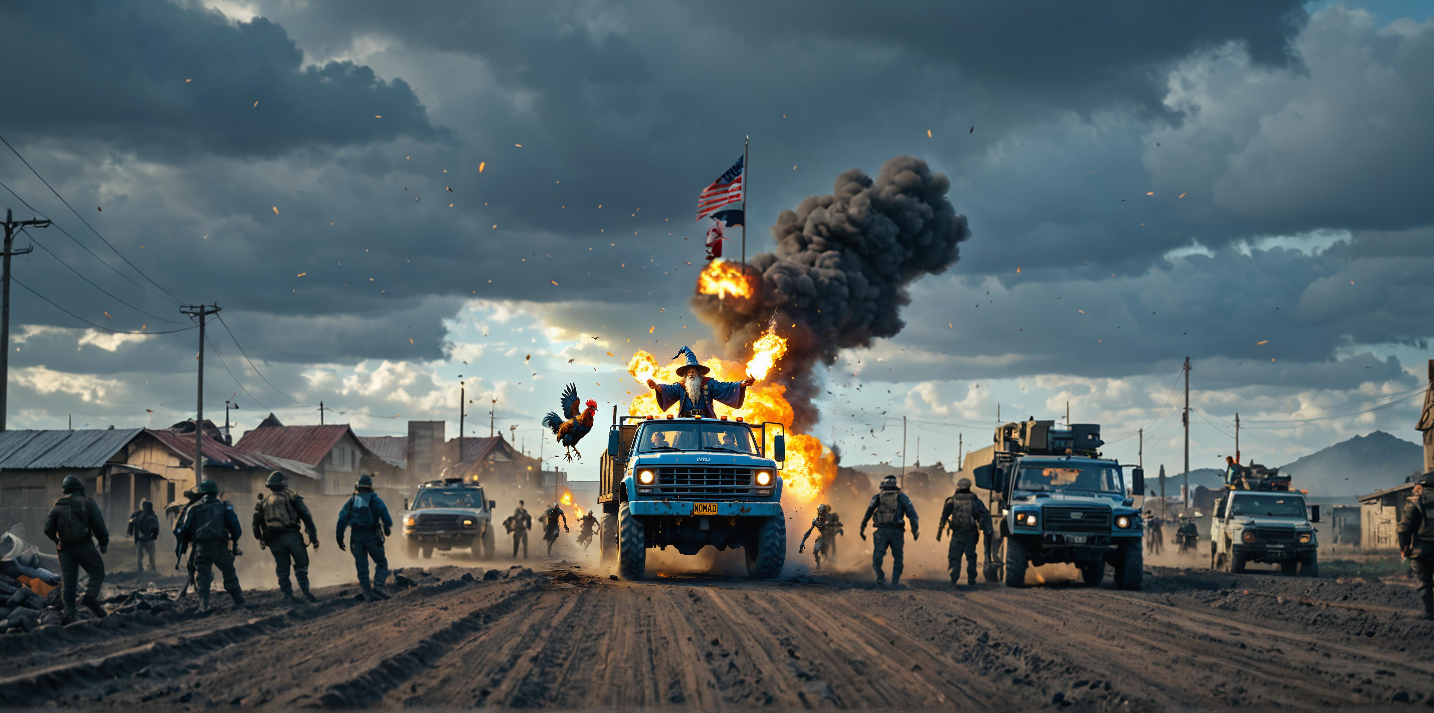 The image depicts a dramatic scene of an explosion, with a group of individuals in military gear and vehicles racing towards the chaos. Emphasizing the capabilities of 'Zoom out', the description highlights the tool's ability to generate dynamic and realistic media content, showcasing its potential to extend and enhance existing images with detailed and immersive elements.