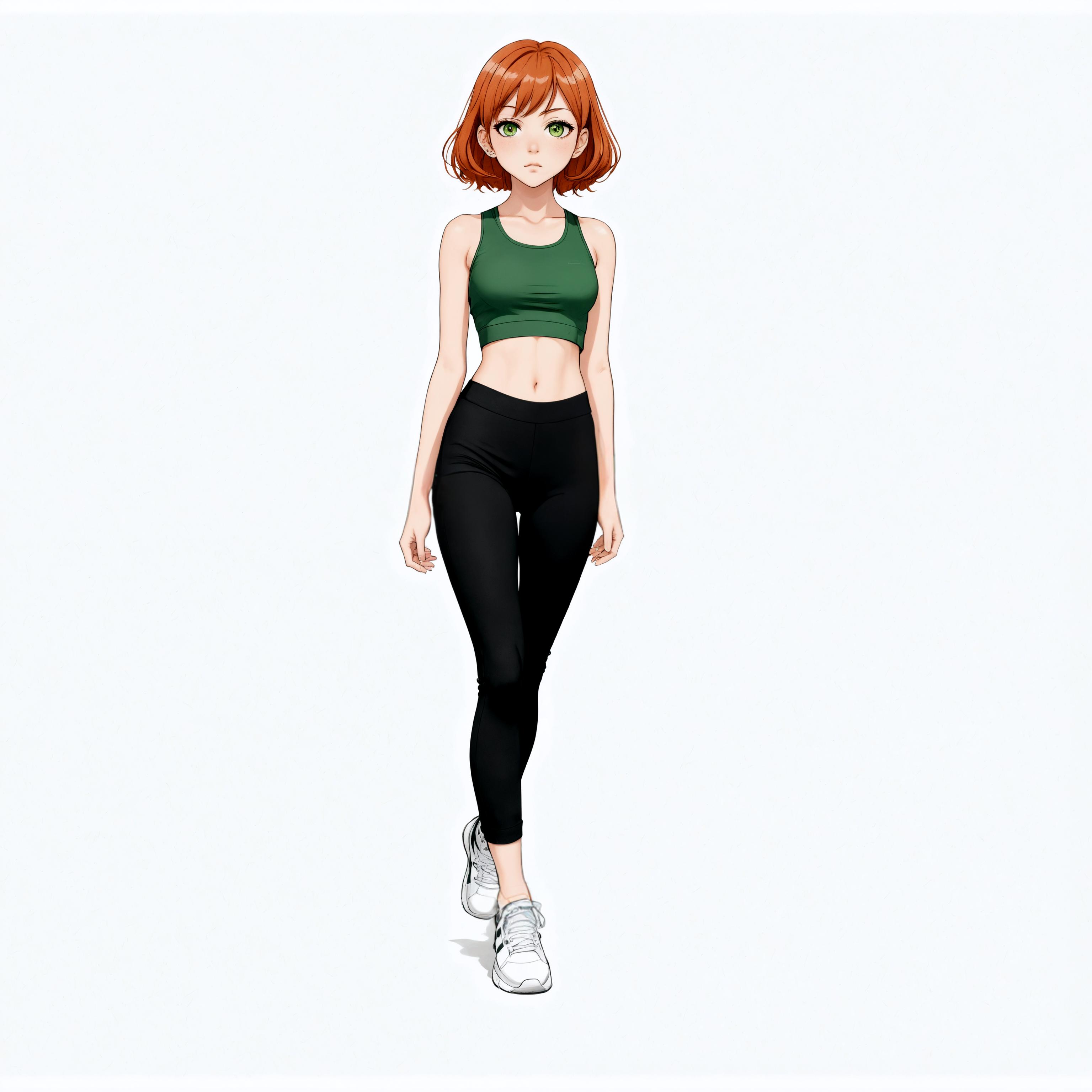 This image showcases a young woman with vibrant red hair, wearing a green crop top and black leggings, standing confidently with her hands by her sides. The image has been edited using the 'Erase' tool, which is designed to remove unwanted objects from the specified area, resulting in a clean and focused presentation of the subject.