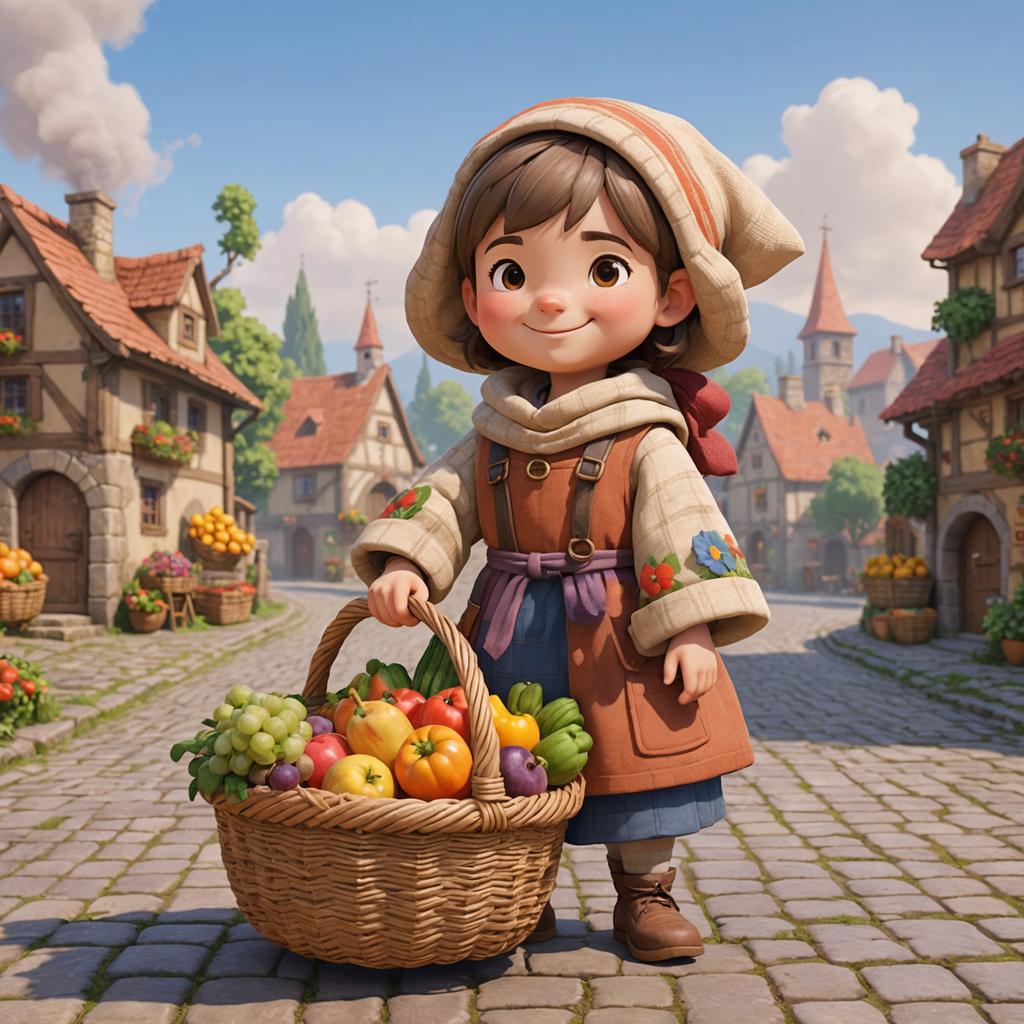 Dans cette scène animée charmante, un jeune personnage se tient fièrement sur une rue pavée, tenant un panier rempli d'une variété colorée de fruits. L'attirail traditionnel du personnage, y compris un chapeau de paille et un tablier chaud, ajoute à l'ambiance pittoresque et d'antan du village. L'outil 'Effacer', mis en avant ici, a été utilisé pour supprimer tous les éléments distrayants, laissant une image claire et accueillante qui capture l'essence du personnage et l'atmosphère paisible et idyllique du village.