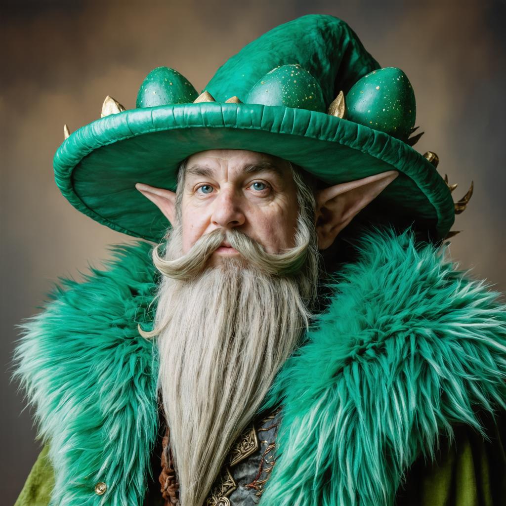Discover the enchanting world of fantasy with this captivating image, crafted using the Stable Diffusion Ultra image generator. The vivid portrayal of a mystical wizard, complete with an oversized green hat adorned with dragon eggs and a luxuriant turquoise fur cloak, showcases the tool's ability to create detailed and imaginative visuals. Perfect for fantasy enthusiasts and content creators, this image highlights the generator's prowess in producing high-quality, visually striking art.