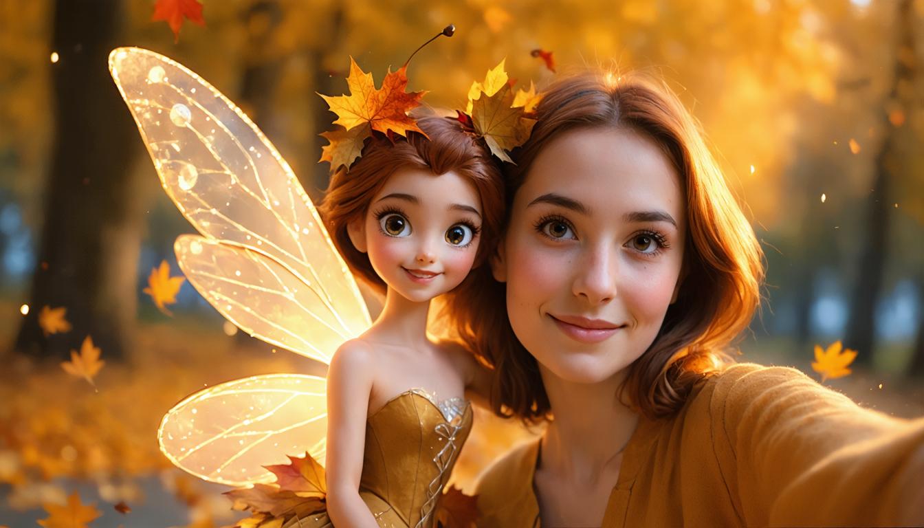 In this captivating image, a young woman shares a whimsical moment with a fairy companion, both set against the backdrop of a serene autumnal forest. The fairy, with its delicate wings and autumnal attire, appears to be a product of the 'Inpaint' tool, demonstrating its ability to seamlessly replace and integrate elements into a scene, creating a harmonious blend of fantasy and reality.
