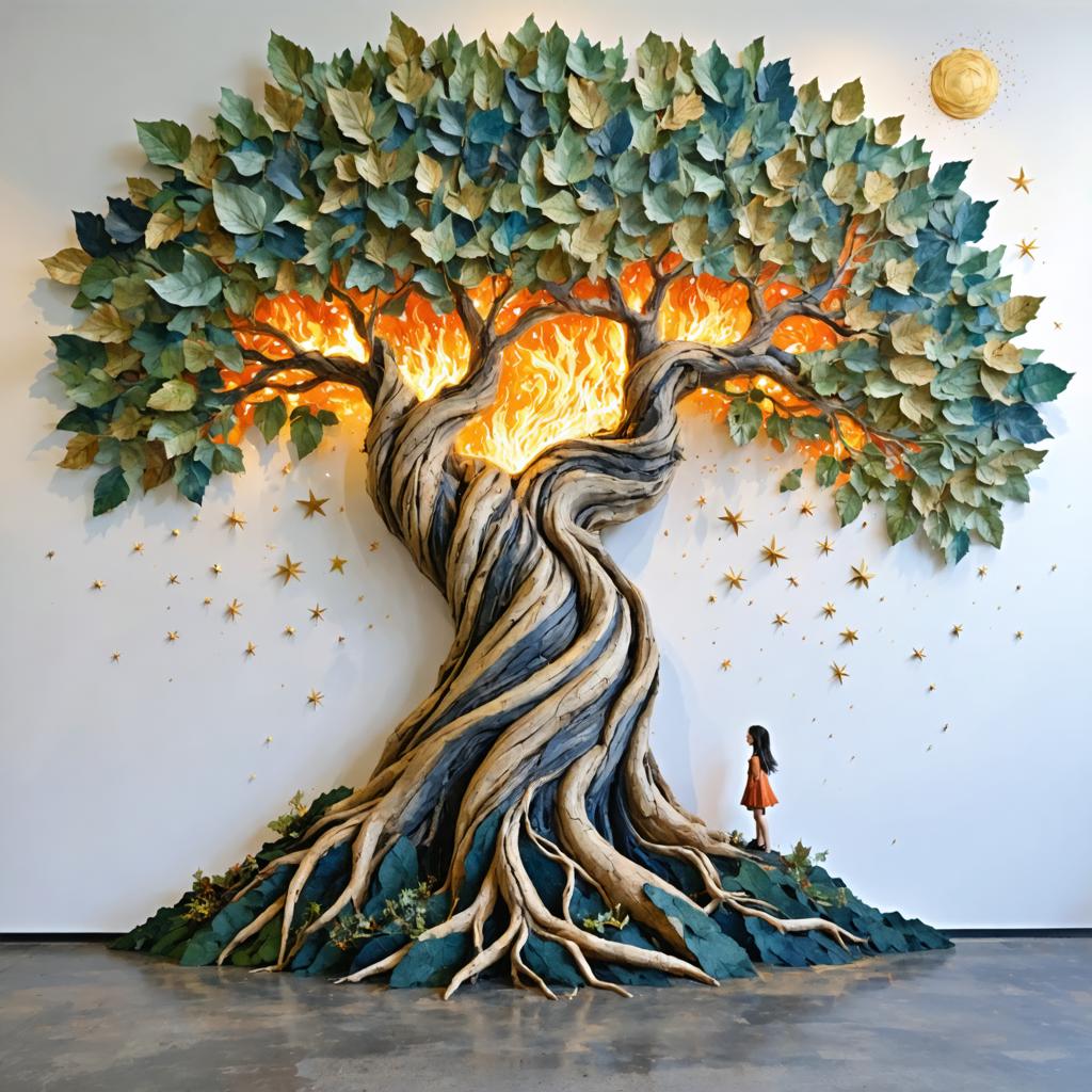 Scopri l'affascinante arte di Stable Diffusion Ultra, il generatore di immagini dove l'immaginazione non conosce limiti. Questa immagine affascinante rappresenta un albero surreale con fiamme luminose, circondato da un cielo stellato notturno, tutto realizzato con dettagli intricati e colori vivaci. Perfetto per evidenziare le avanzate capacità dello strumento nel generare visivi sorprendenti e di alta qualità.