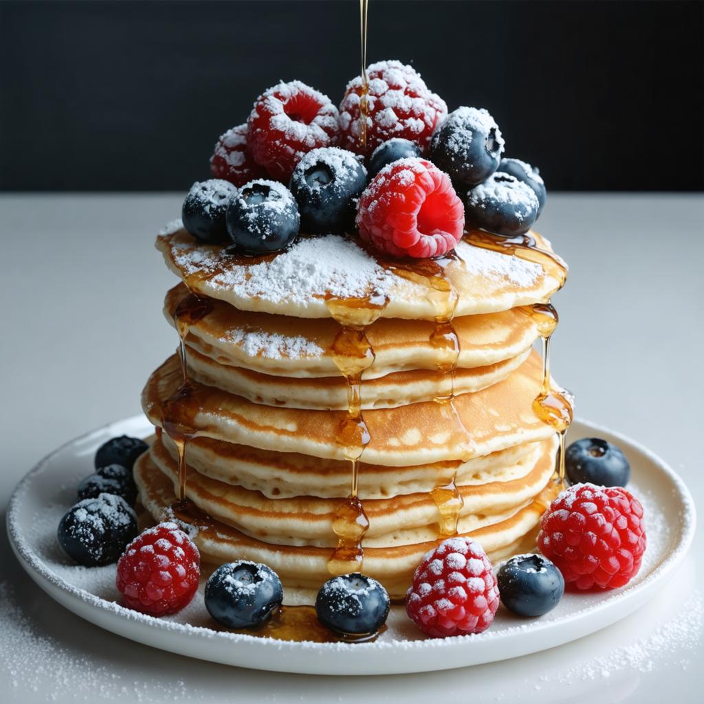 Goditi un'esperienza culinaria deliziosa con una pila imponente di pancake dorati, generosamente ricoperti di sciroppo lucido e coronati con una miscela di lamponi e mirtilli freschi, tutti cosparse di zucchero a velo. Questa scena che fa venire l'acquolina in bocca, resa possibile dal 'generatore di immagini Stable Diffusion Ultra', evidenzia la capacità dello strumento di creare visuali realistici e appetitosi di cibo che possono arricchire il tuo contenuto digitale e coinvolgere il tuo pubblico.