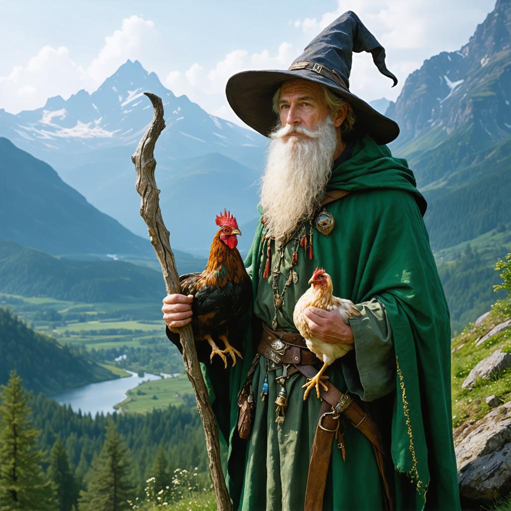 In questa immagine incantevole, un mago si erge maestosamente su una collina verde, il suo mantello verde contrasta con il cielo azzurro vivace. Vestito con un cappello a punta, tiene in una mano uno scettro e accarezza un gallo con l'altra, mentre una gallina becchetta il terreno nelle vicinanze. Lo sfondo rivela una valle serena con un fiume sinuoso, fiancheggiato da montagne imponenti. Questa scena affascinante è stata creata utilizzando il 'generatore di immagini Stable Diffusion Ultra', dimostrando la sua capacità di generare immagini vivide e ispirate alla fantasia.