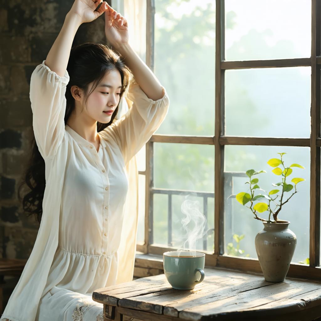 Découvrez le charme envoûtant de l'art généré par IA avec le générateur d'images Stable Diffusion Ultra. Cette image captivante met en scène un moment paisible d'une jeune femme dans une pièce doucement éclairée, sirotant son café près d'une fenêtre. Les détails minutieux et la qualité réaliste de la scène mettent en lumière les capacités avancées de Stable Diffusion Ultra, en faisant le choix idéal pour créer des visuels saisissants et réalistes.