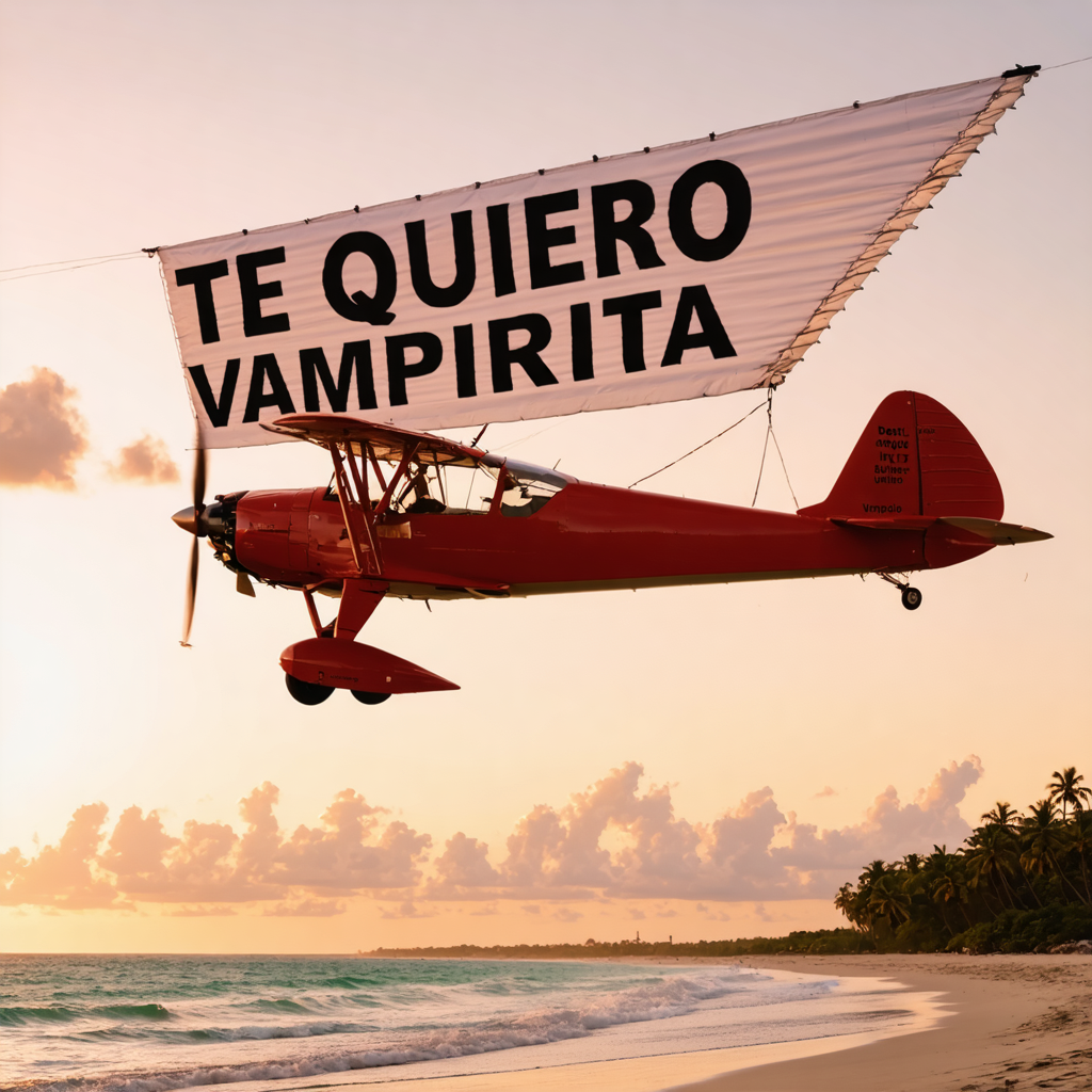 Experience the magic of Stable Diffusion Ultra image generator with this stunningly vivid and detailed image of a vintage red biplane soaring over a serene beach at sunset. The bold, clear text "TE QUIERO VAMPIRITA" adds a playful touch, showcasing the tool's ability to create captivating and unique visuals that can transport viewers to new worlds. Perfect for showcasing the capabilities of AI-driven image creation, this image exemplifies the seamless blend of creativity and technology that Stable Diffusion Ultra offers.