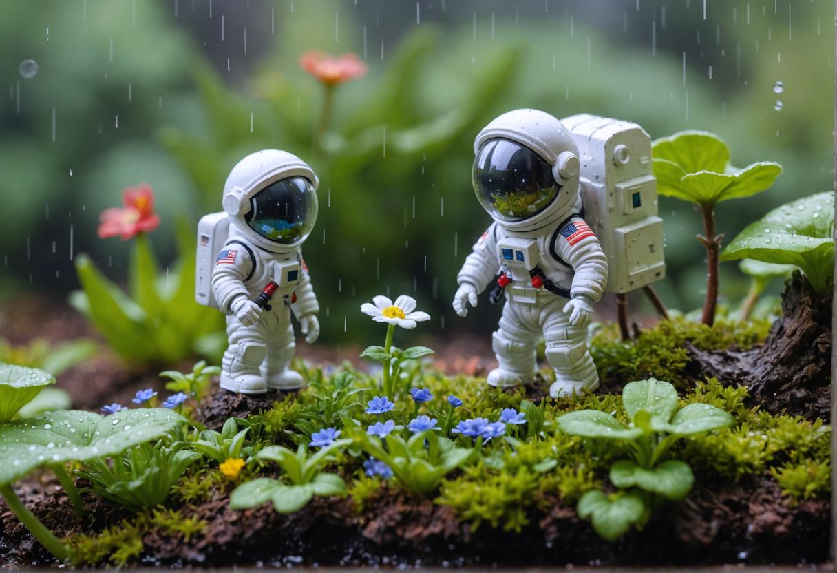 Explore the capabilities of 'Close Variation' by generating an image of two astronaut figurines standing amidst a vibrant garden, surrounded by a delicate array of flowers and foliage. This AI-powered tool allows you to create new, yet strikingly similar images, perfect for your creative projects or content marketing needs.