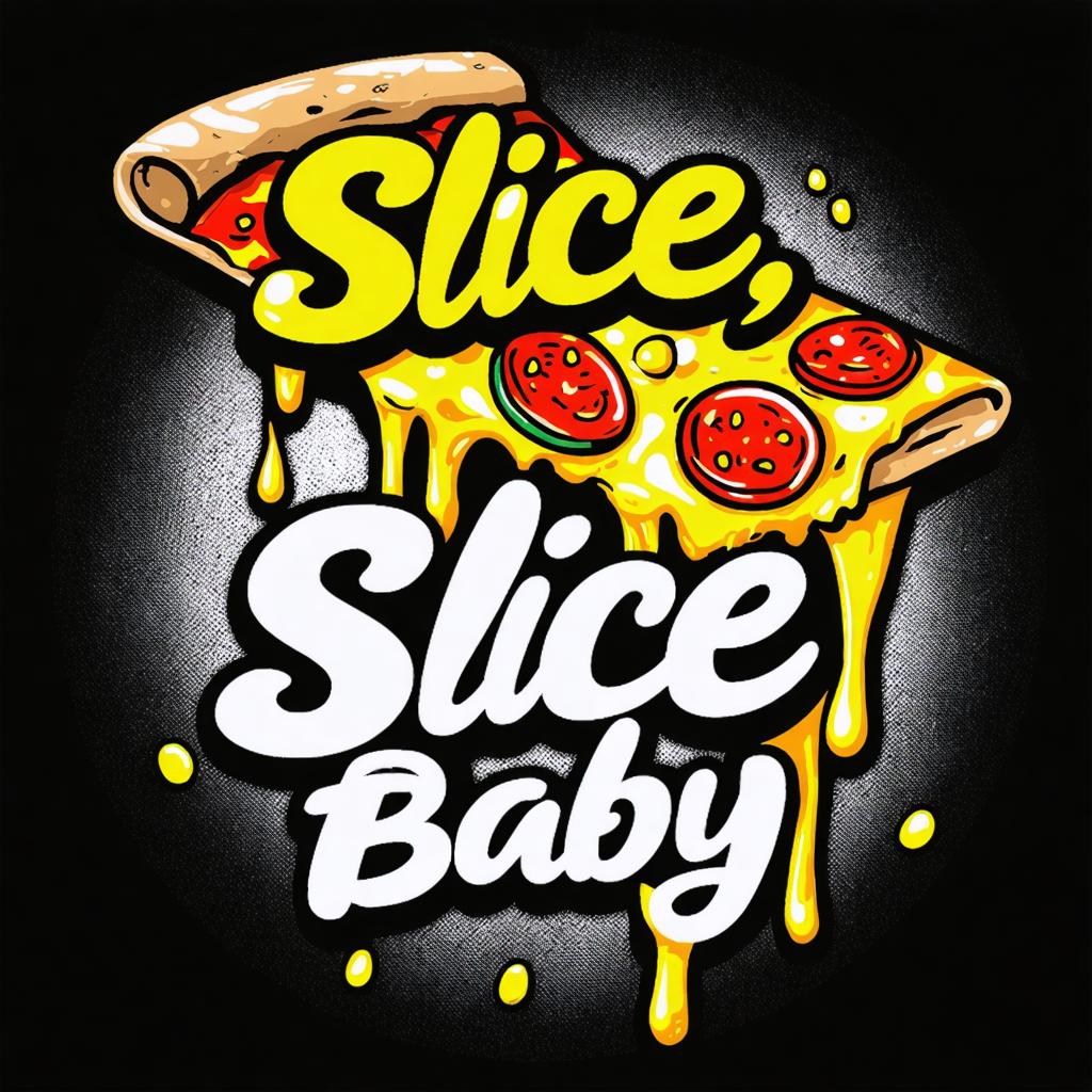 This image features a vibrant, cartoon-style depiction of a slice of pizza with a mouth-watering, gooey cheese that's melting off the edges, set against a stark black background. The text "Slice, Slice Baby" is written in bold, playful lettering, with the words "Slice" and "Baby" appearing to be dripping with the same enticing cheese as the pizza itself. This eye-catching design is a product of the 'Stable Diffusion Ultra image generator,' which is known for its ability to create dynamic and engaging visuals from prompts, perfect for driving traffic and capturing attention with its unique and appealing graphics.
