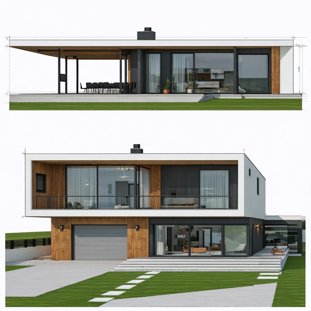 Cette image met en scène une maison moderne à deux étages avec un mélange de murs extérieurs en bois et blanc, de grandes fenêtres en verre et une spacieuse terrasse extérieure. Le générateur d'images Stable Diffusion Ultra a été utilisé pour créer une représentation réaliste et visuellement attrayante de la propriété, mettant en valeur son design contemporain et ses équipements luxueux.
