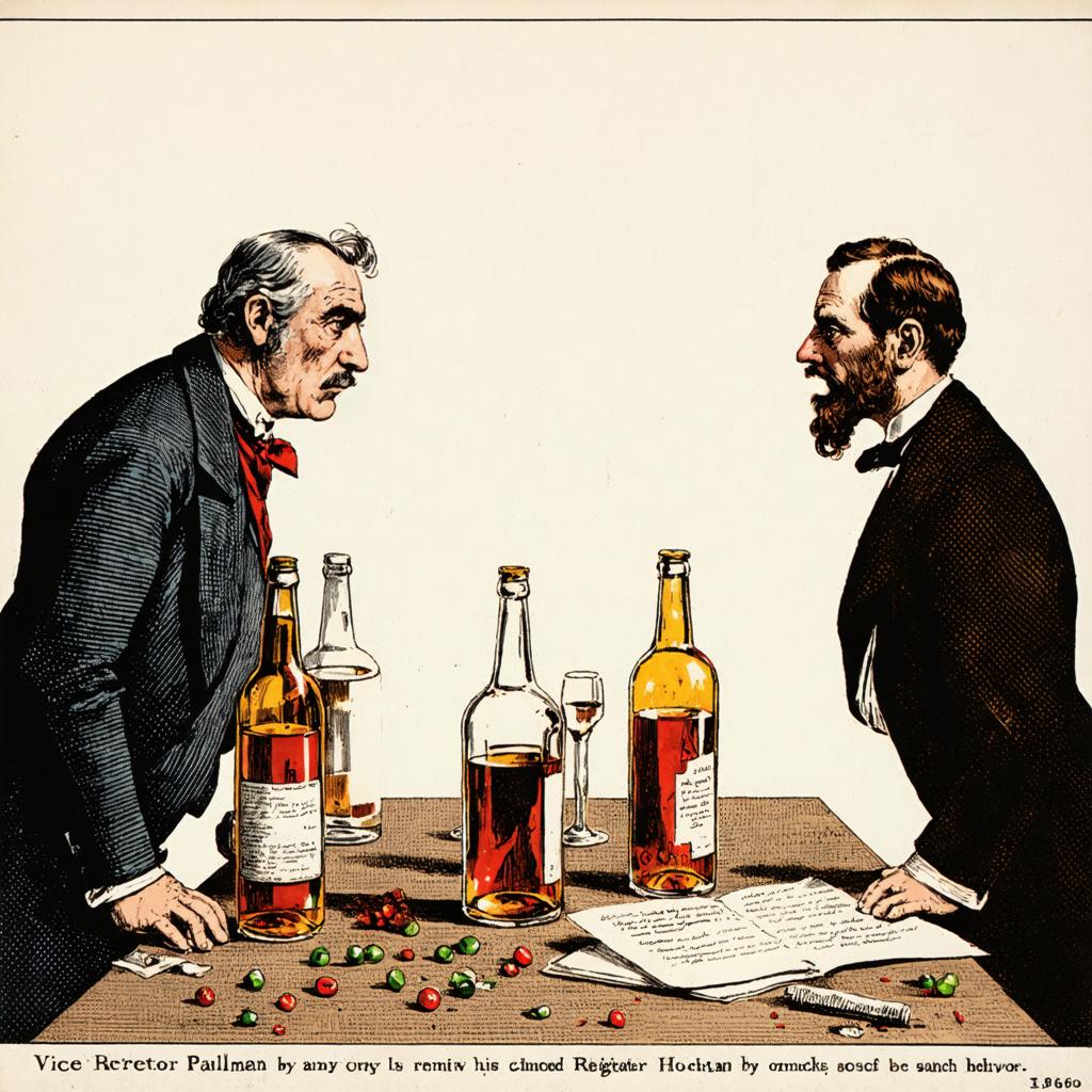 The image depicts two men in a classic 19th-century setting, engaged in a tense dialogue over a table strewn with bottles and papers, suggesting a scene of political intrigue. The caption references 'Stable Diffusion Ultra image generator', hinting at the tool's ability to create detailed, historically-themed scenes, which could be used for various purposes such as historical reenactments, educational materials, or artistic projects.