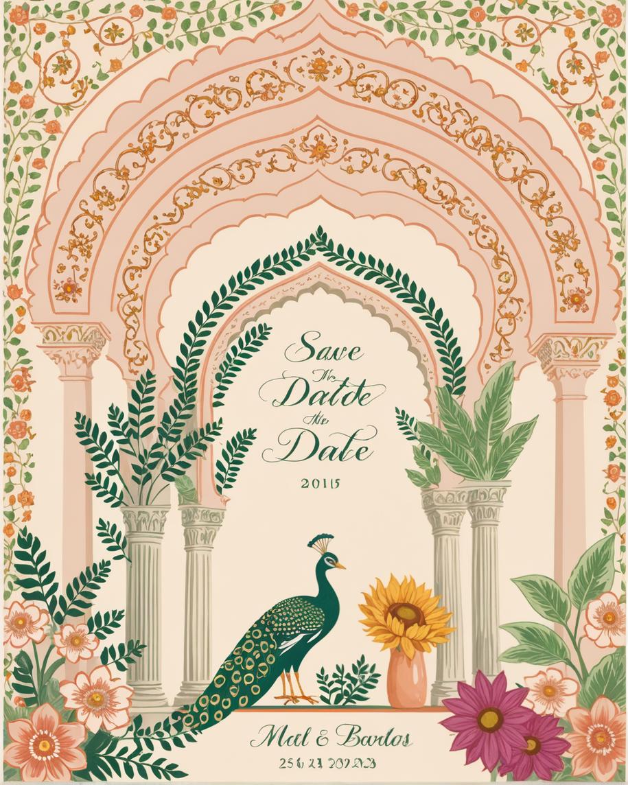 This image showcases a beautifully designed 'Save the Date' card featuring an elegant peacock and vibrant flowers, all set against a backdrop of ornate arches. The card, created using Stable Assistant's 'Inpaint' tool, seamlessly blends the selected elements to create a harmonious and visually appealing invitation. The tool's ability to replace selected areas with desired content is evident in the intricate floral patterns and the detailed peacock illustration, making it an ideal choice for those looking to create personalized and engaging media.