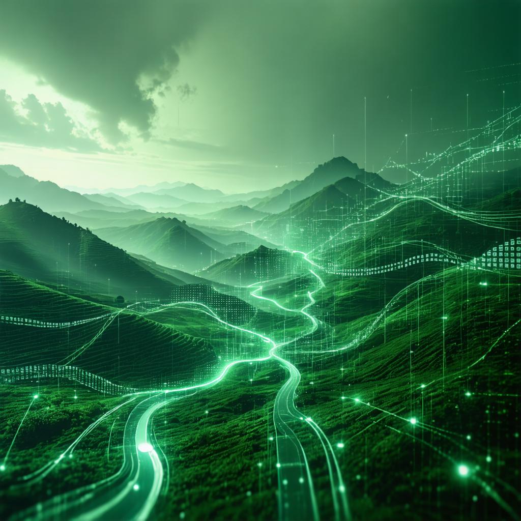 Discover the mesmerizing capabilities of Stable Diffusion Ultra image generator with this stunning AI-generated landscape. The image showcases intricate, glowing green lines and data patterns seamlessly blending with a serene mountainous backdrop, demonstrating the tool's ability to create visually captivating and highly detailed scenes. Perfect for showcasing the fusion of nature and technology, this image highlights the generator's potential for creating unique and engaging visuals.